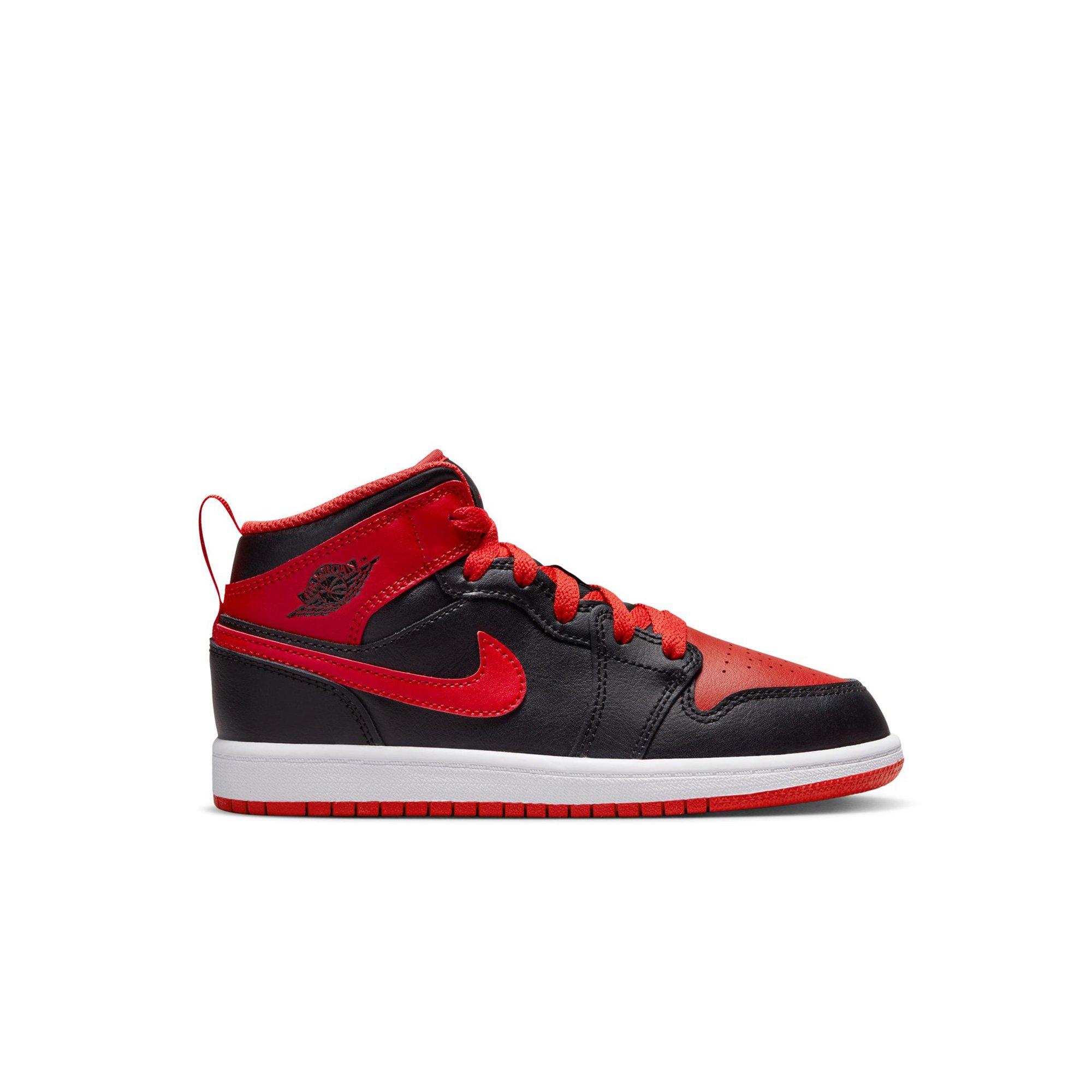 Jordan 1 Mid "Black/Fire Red/White" Preschool Boys' Shoe - RED/BLACK/WHITE Thumbnail View 1