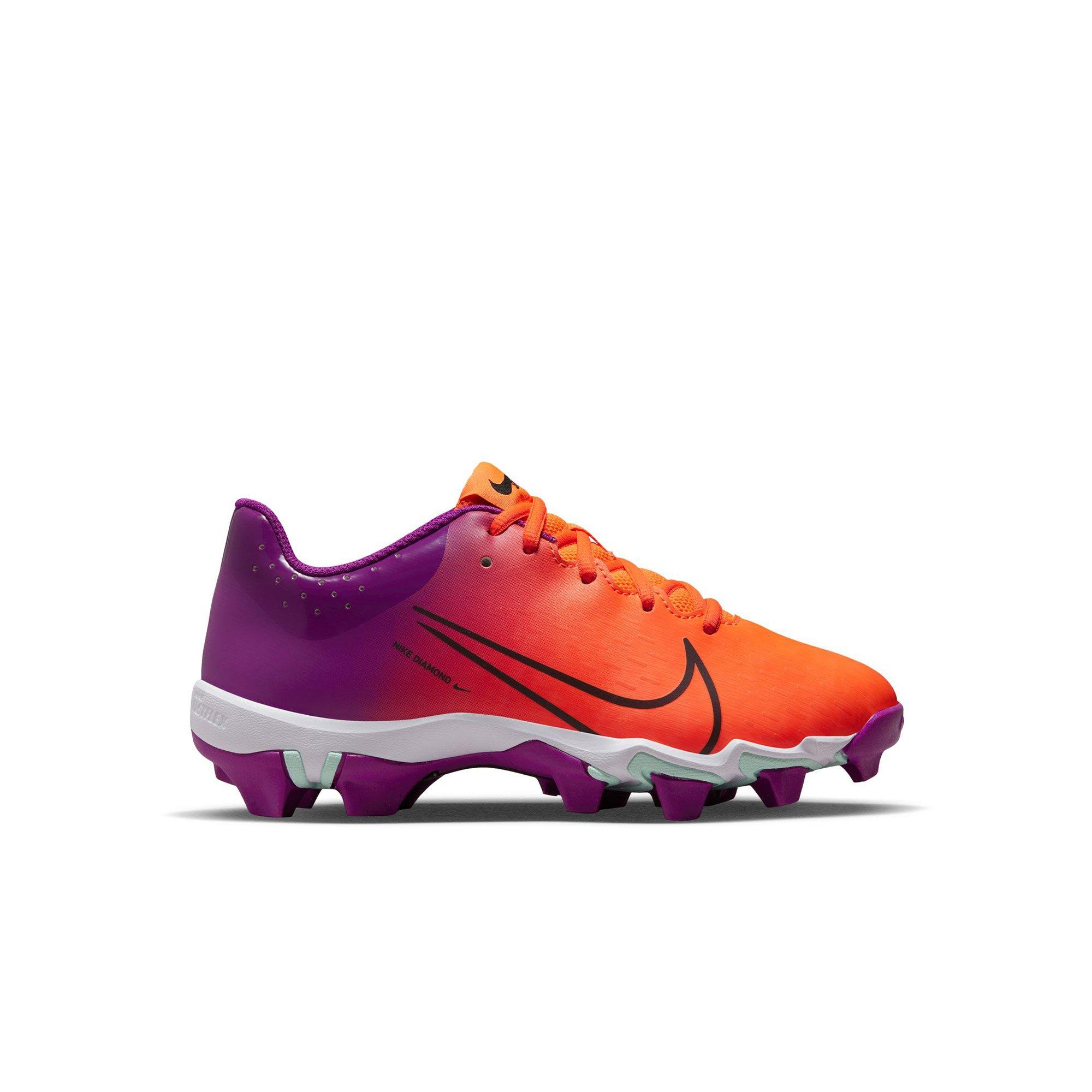 Nike Hyperdiamond 4 Keystone GG "Total Orange/Black/Vivid Purple" Preschool Girls Softball Cleat - PURPLE/ORANGE Thumbnail View 1