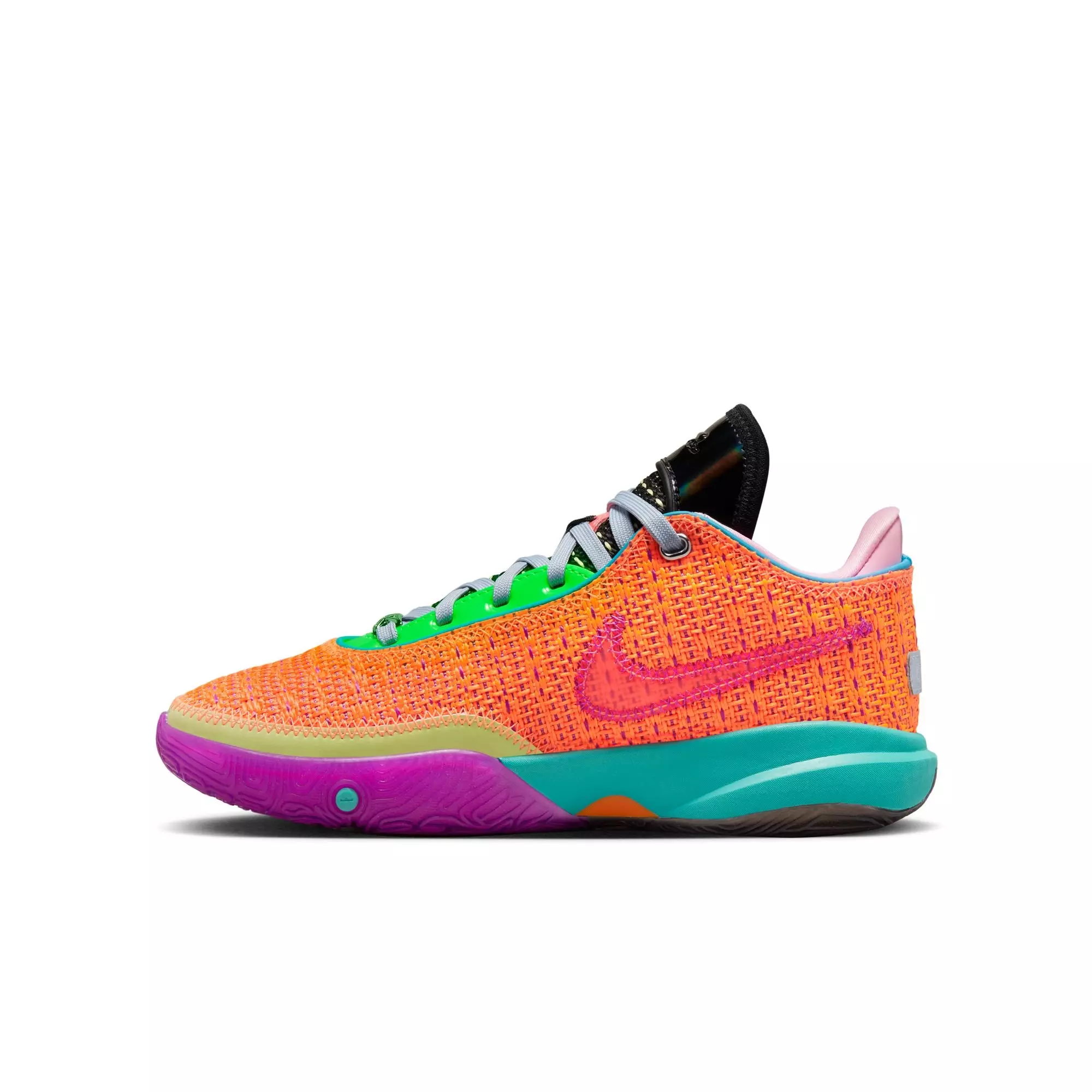 Nike LeBron XX "Total Orange" Grade School Kids' Basketball Shoe - TOTAL ORANGE/VIVID PURPLE/GREEN STRIKE
