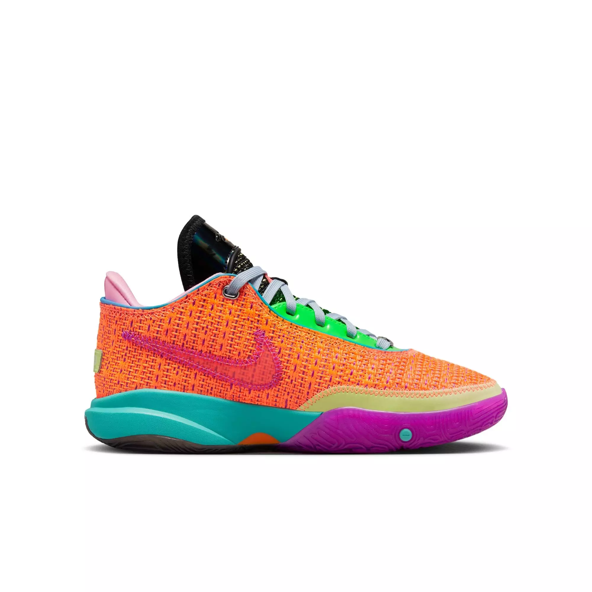 Nike LeBron XX "Total Orange" Grade School Kids' Basketball Shoe - TOTAL ORANGE/VIVID PURPLE/GREEN STRIKE