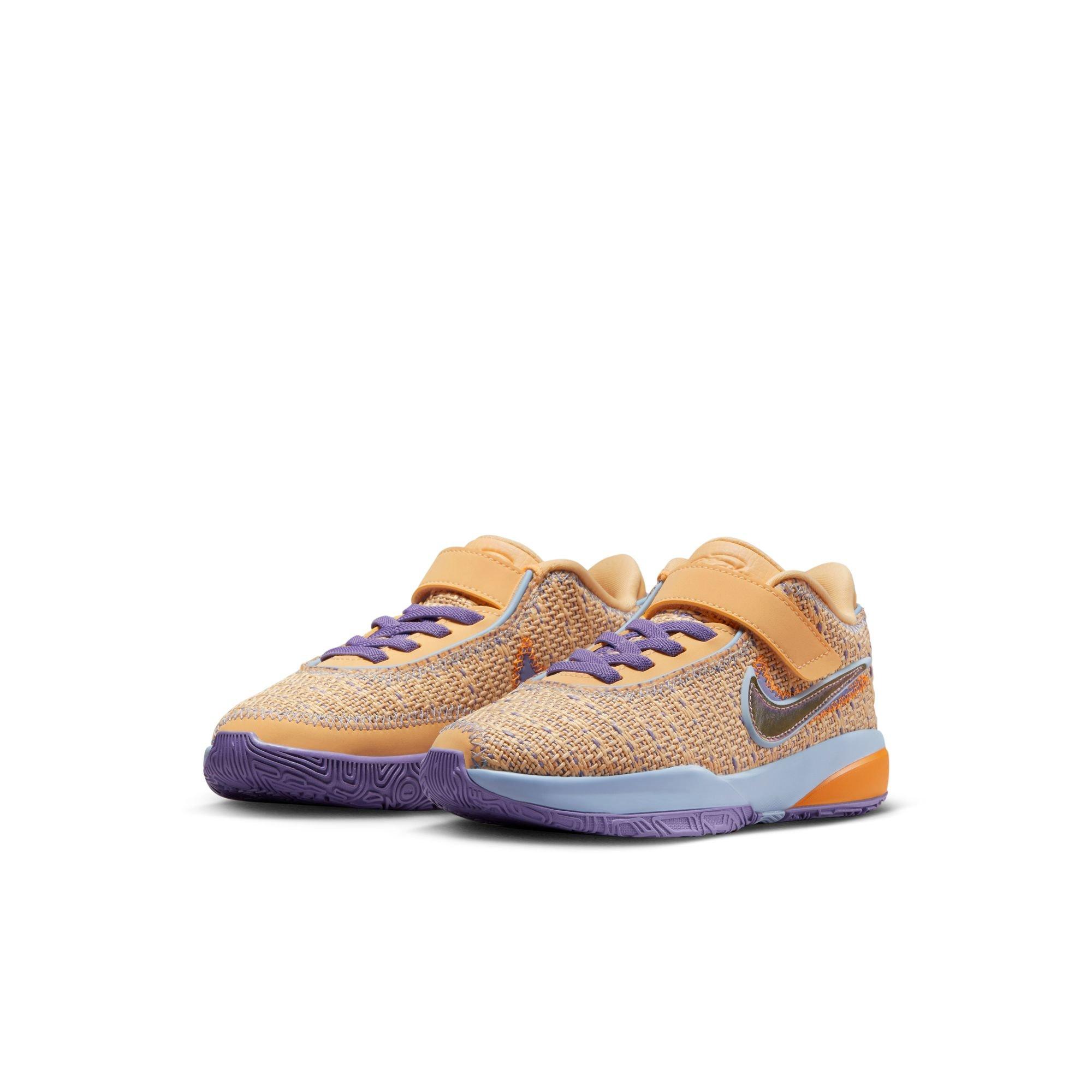 Nike LeBron XX "Summer Vibes" Preschool Kids' Basketball Shoe - Celestial Gold/Multi/Cobalt Bliss Thumbnail View 3