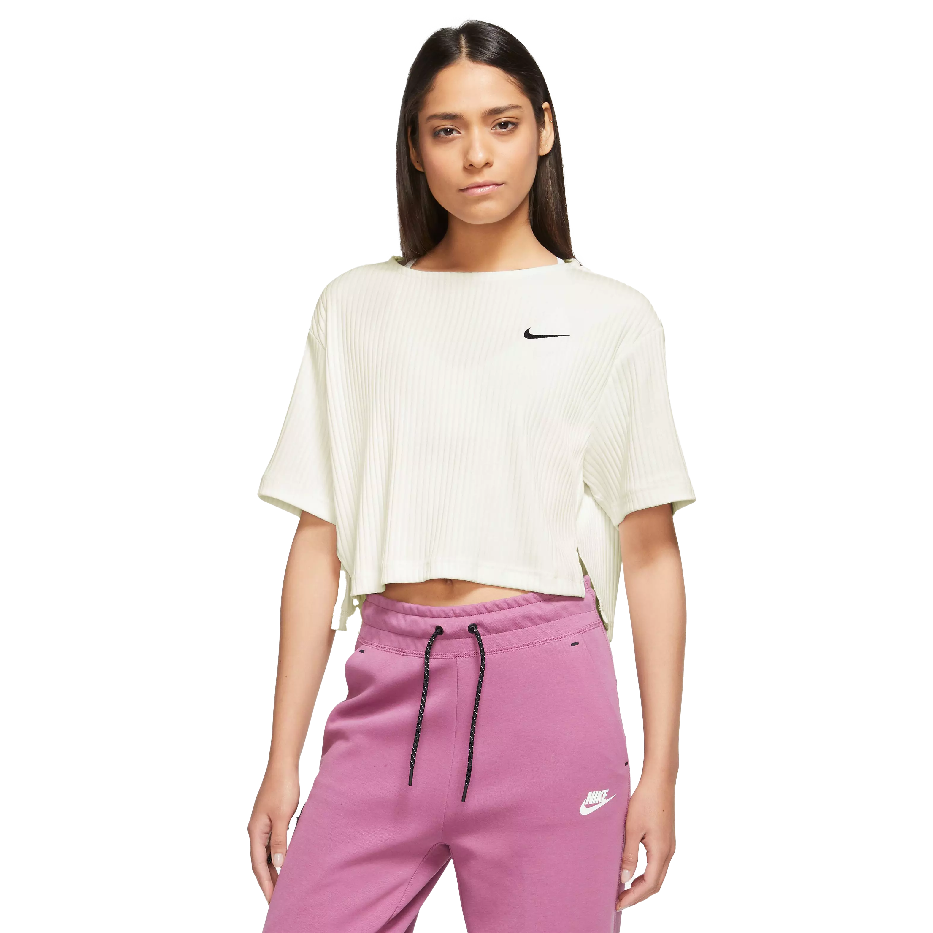 Nike Women's Sportswear Ribbed Jersey Short-Sleeve Top-Ivory - IVORY