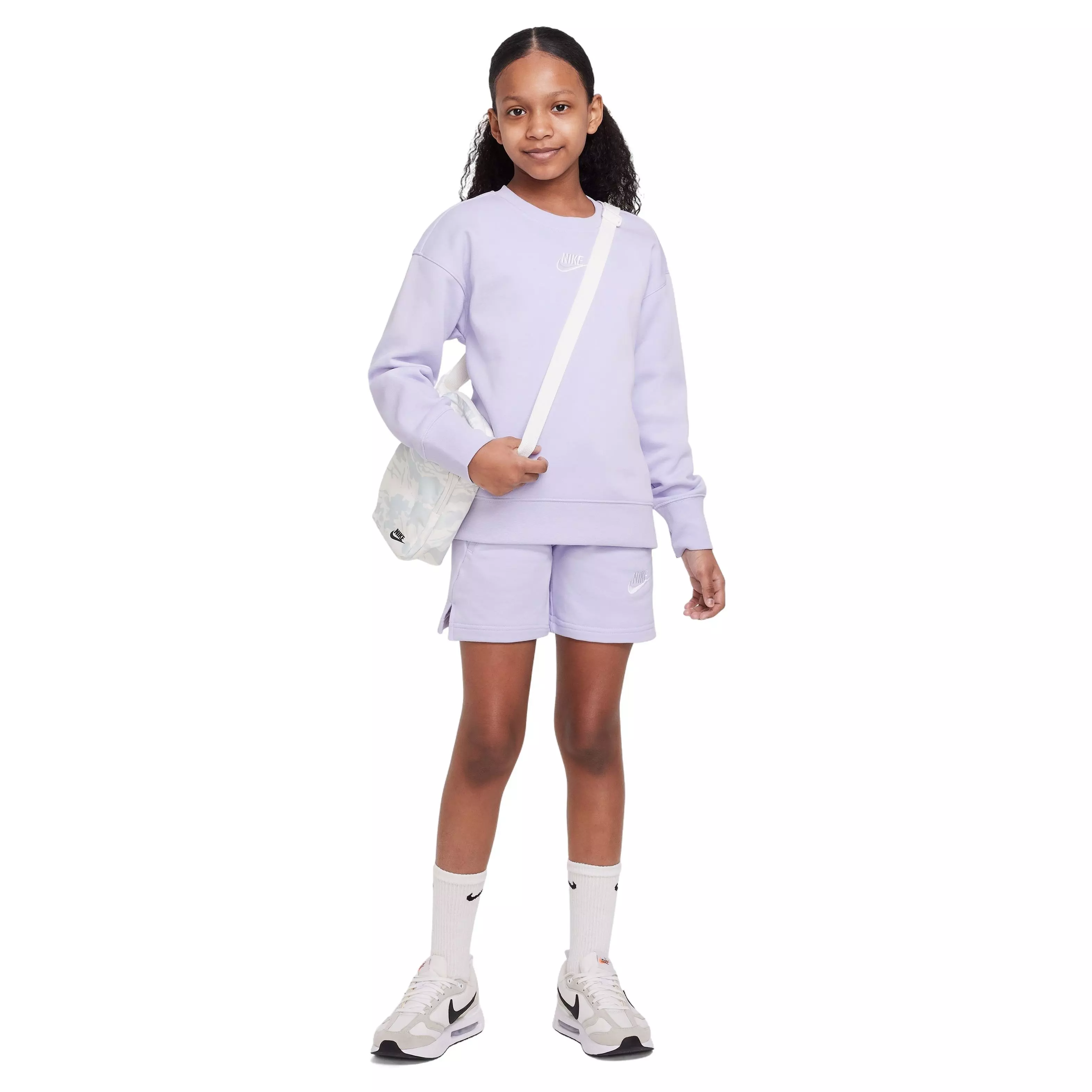 Nike Big Girls' Sportswear Club French Terry Shorts-Purple/White - PURPLE/WHITE