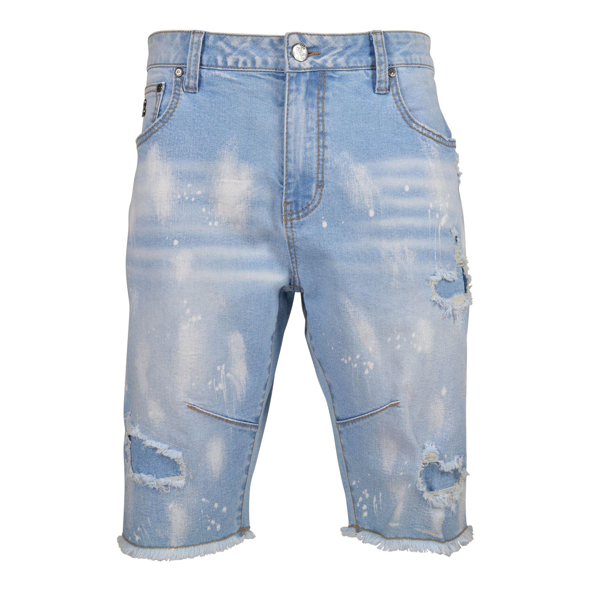 Grindhouse Men's Light Wash Small Rip Slim Fit Denim Shorts - BLUE