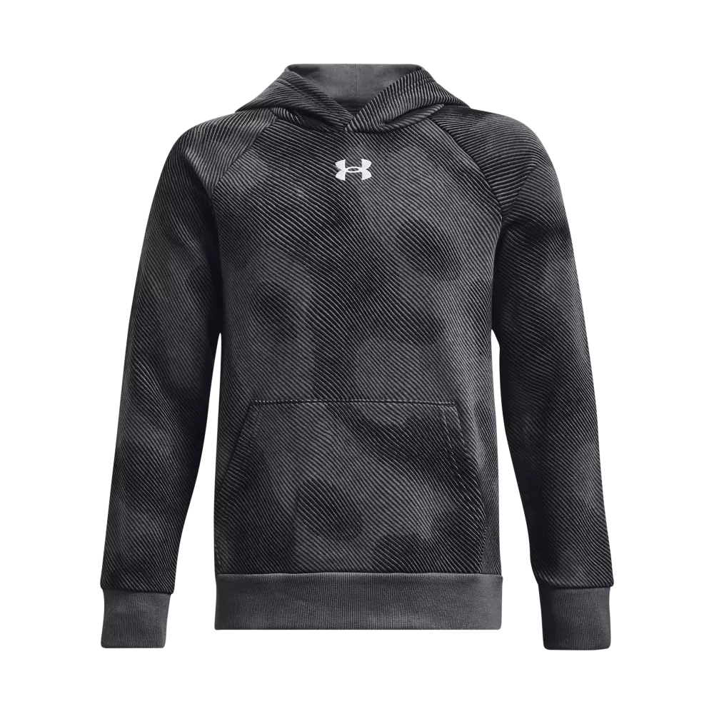 Under Armour Big Boys' Rival Fleece Printed Pullover Hoodie-Grey/Black - GREY/BLACK