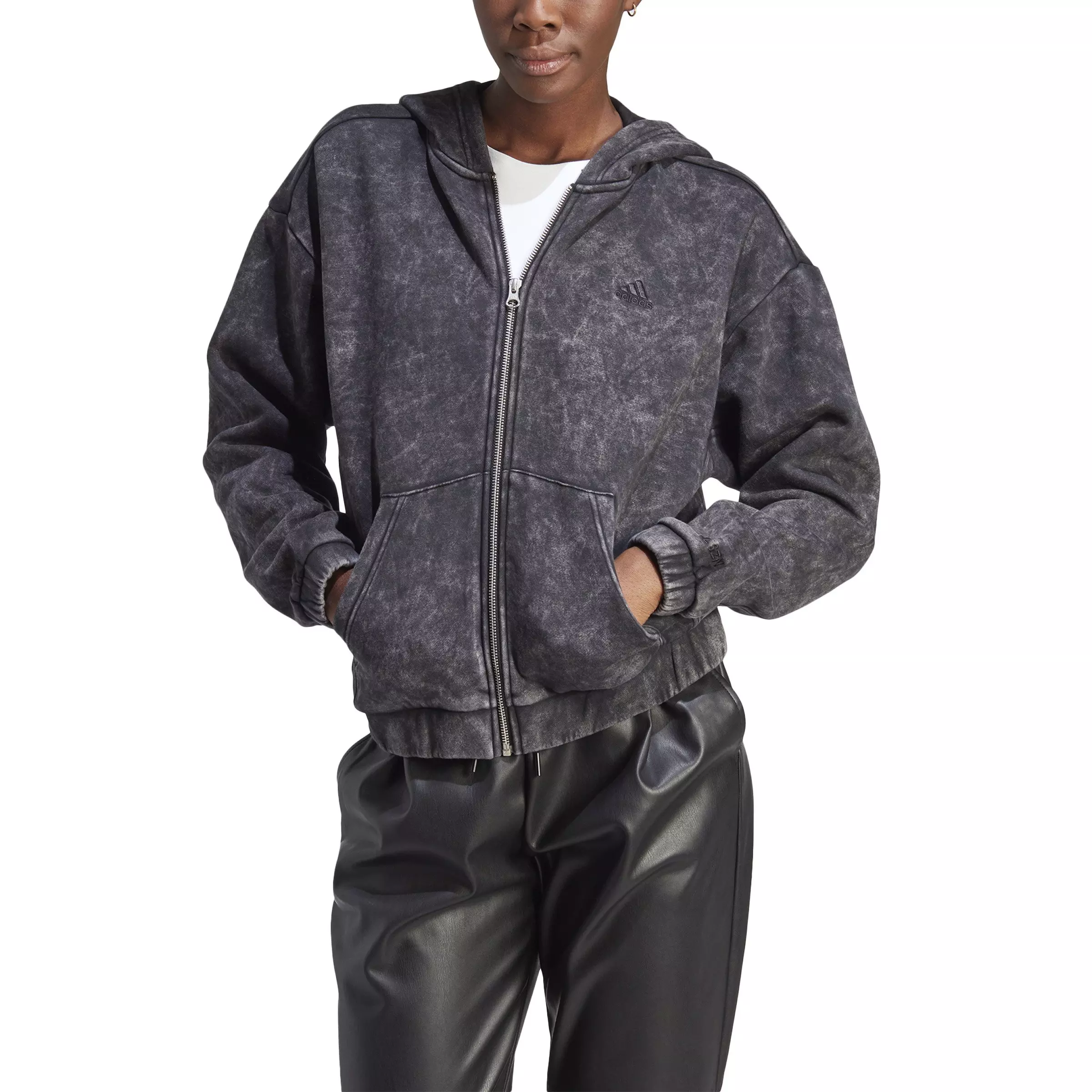 adidas Women's ALL SZN Fleece Washed Full-Zip Hoodie-Black - BLACK