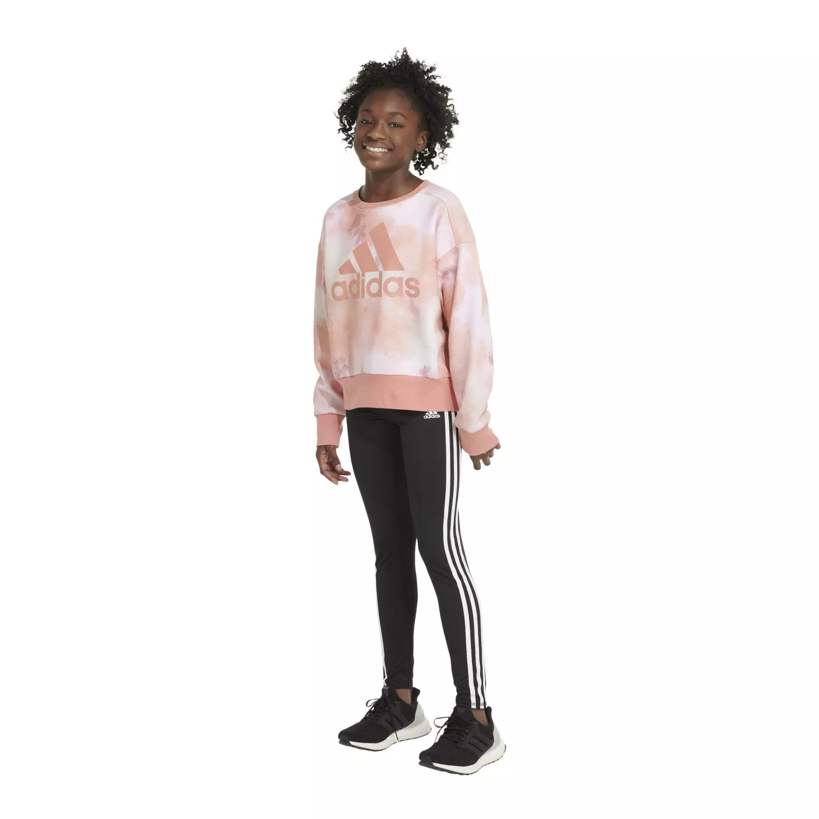 adidas Big Girls' Printed Crewneck Fleece Pullover - Pink - MULTI-COLOR