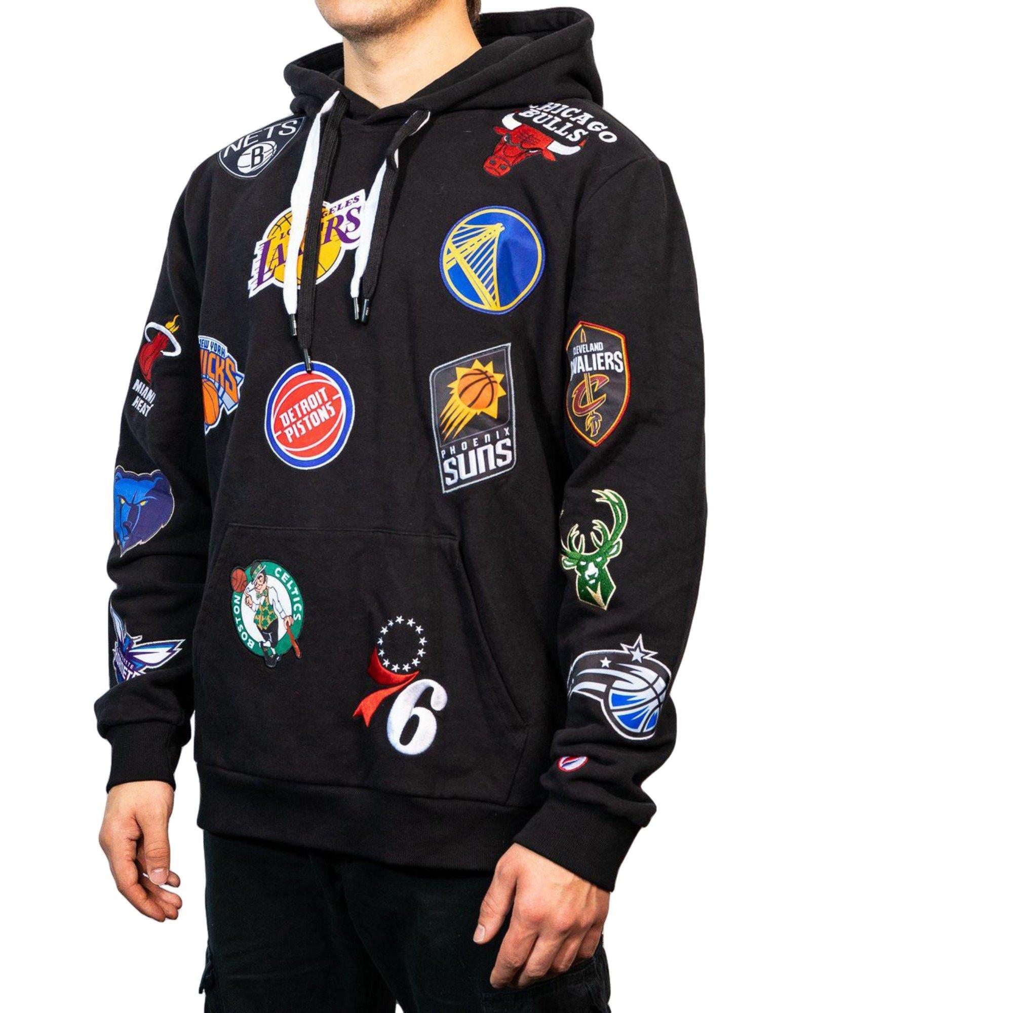 FISLL Men's NBA Logos All Over Print Fleece Hoodie, Black, Size: XL, Fleece/Cotton