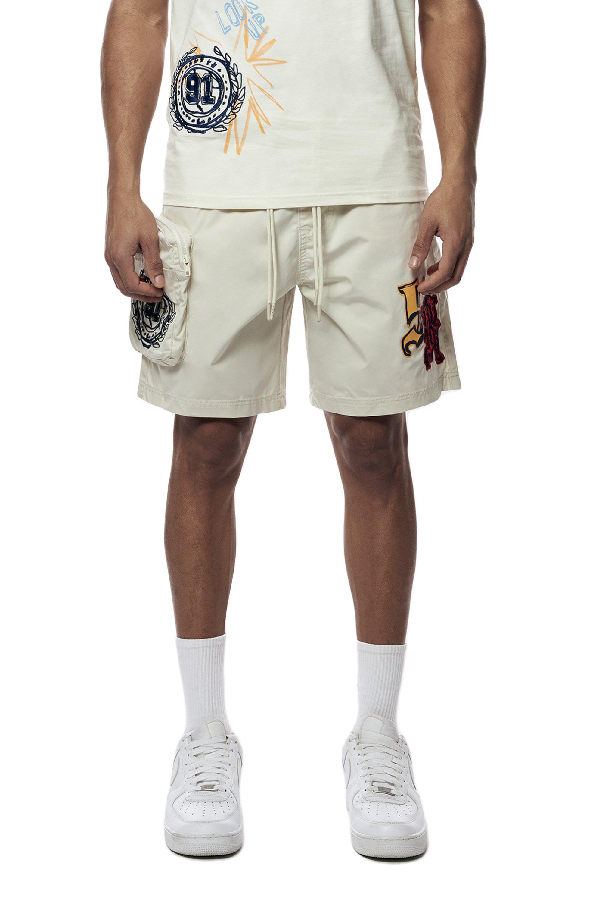 Smoke Rise Men's Varsity Doodle Printed Nylon Cargo Shorts - CREAM Thumbnail View 1