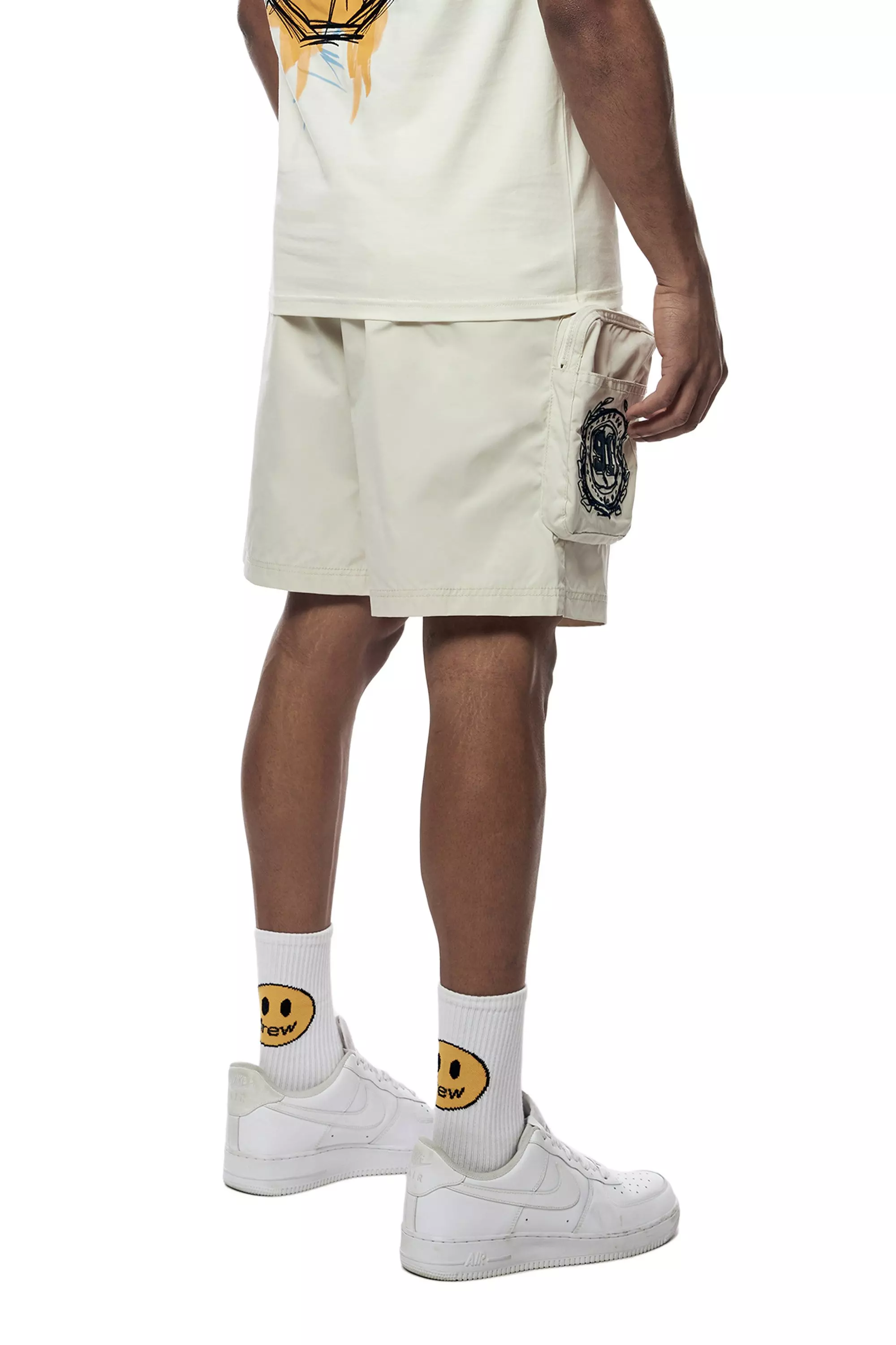 Smoke Rise Men's Varsity Doodle Printed Nylon Cargo Shorts - CREAM