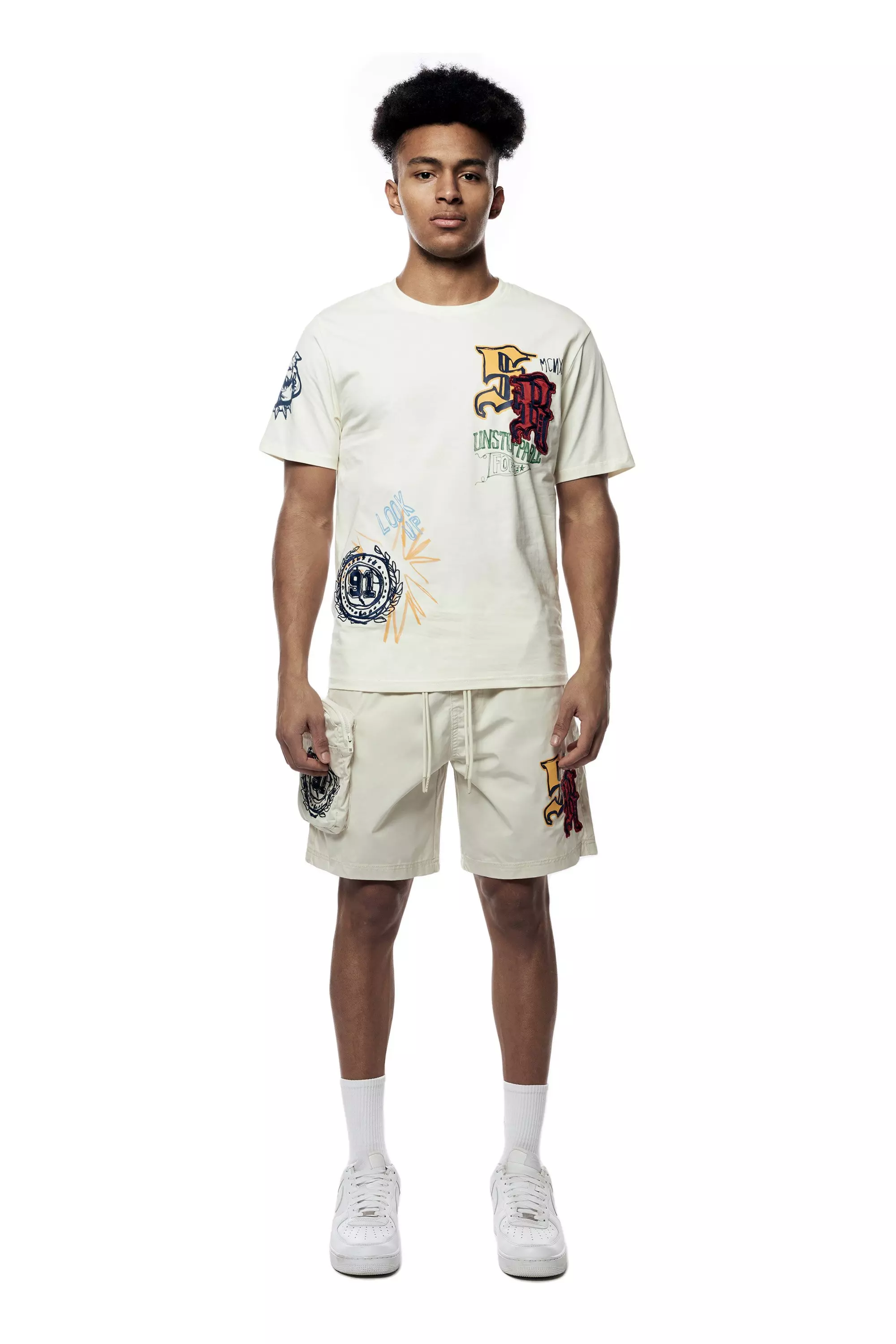 Smoke Rise Men's Varsity Doodle Printed Nylon Cargo Shorts - CREAM