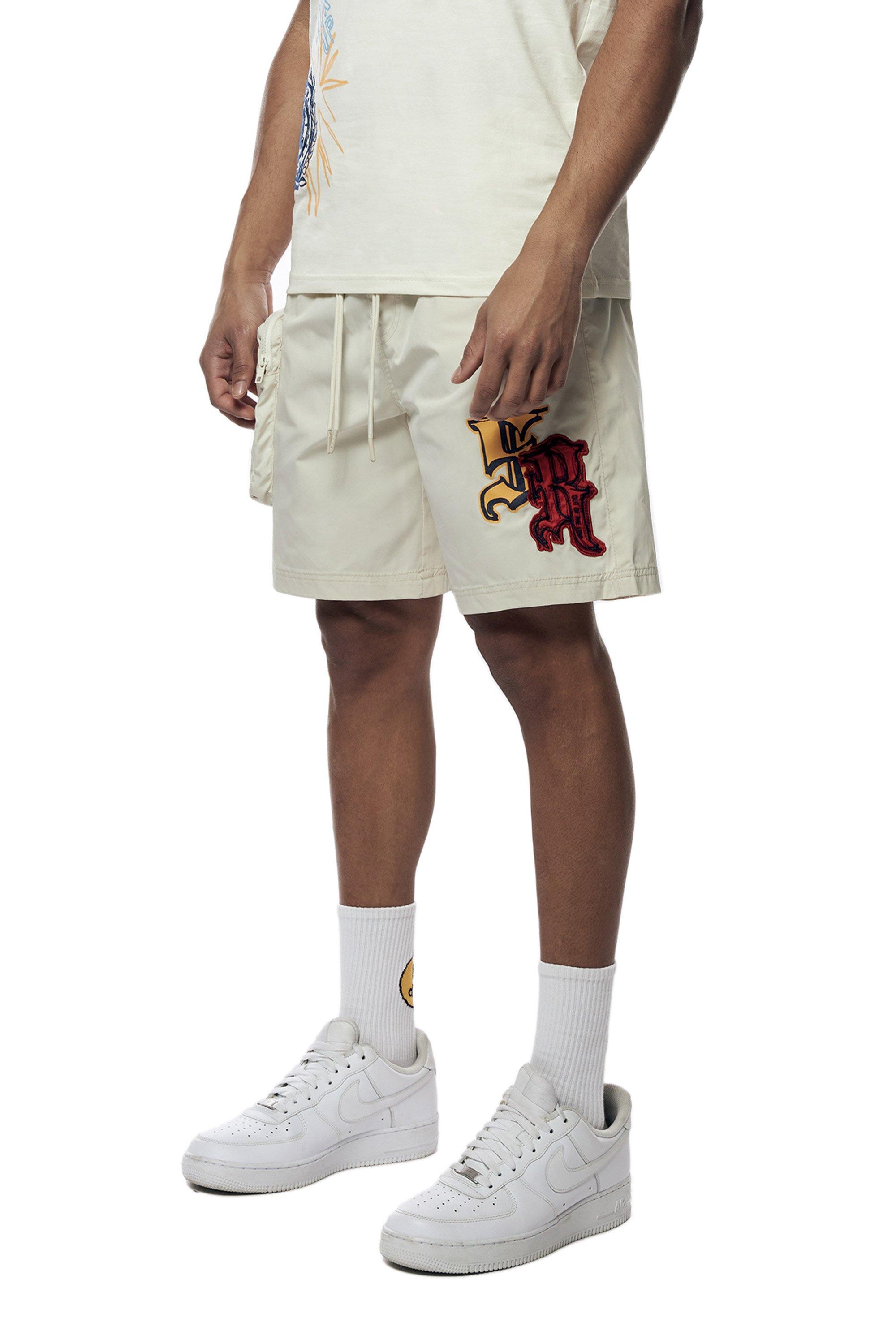 Smoke Rise Men's Varsity Doodle Printed Nylon Cargo Shorts - CREAM Thumbnail View 4