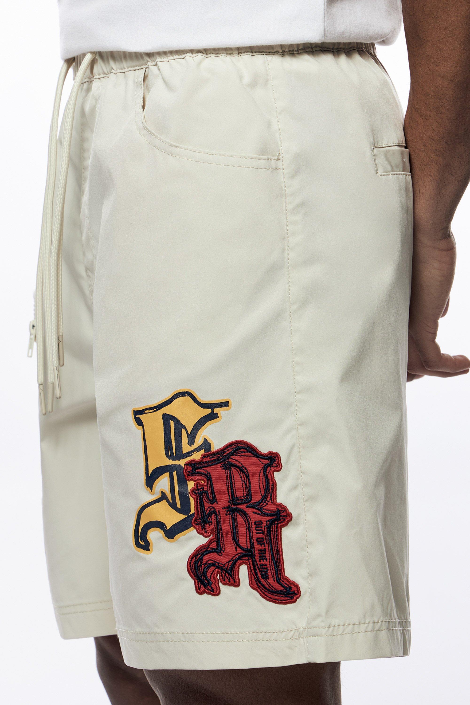 Smoke Rise Men's Varsity Doodle Printed Nylon Cargo Shorts - CREAM Thumbnail View 6