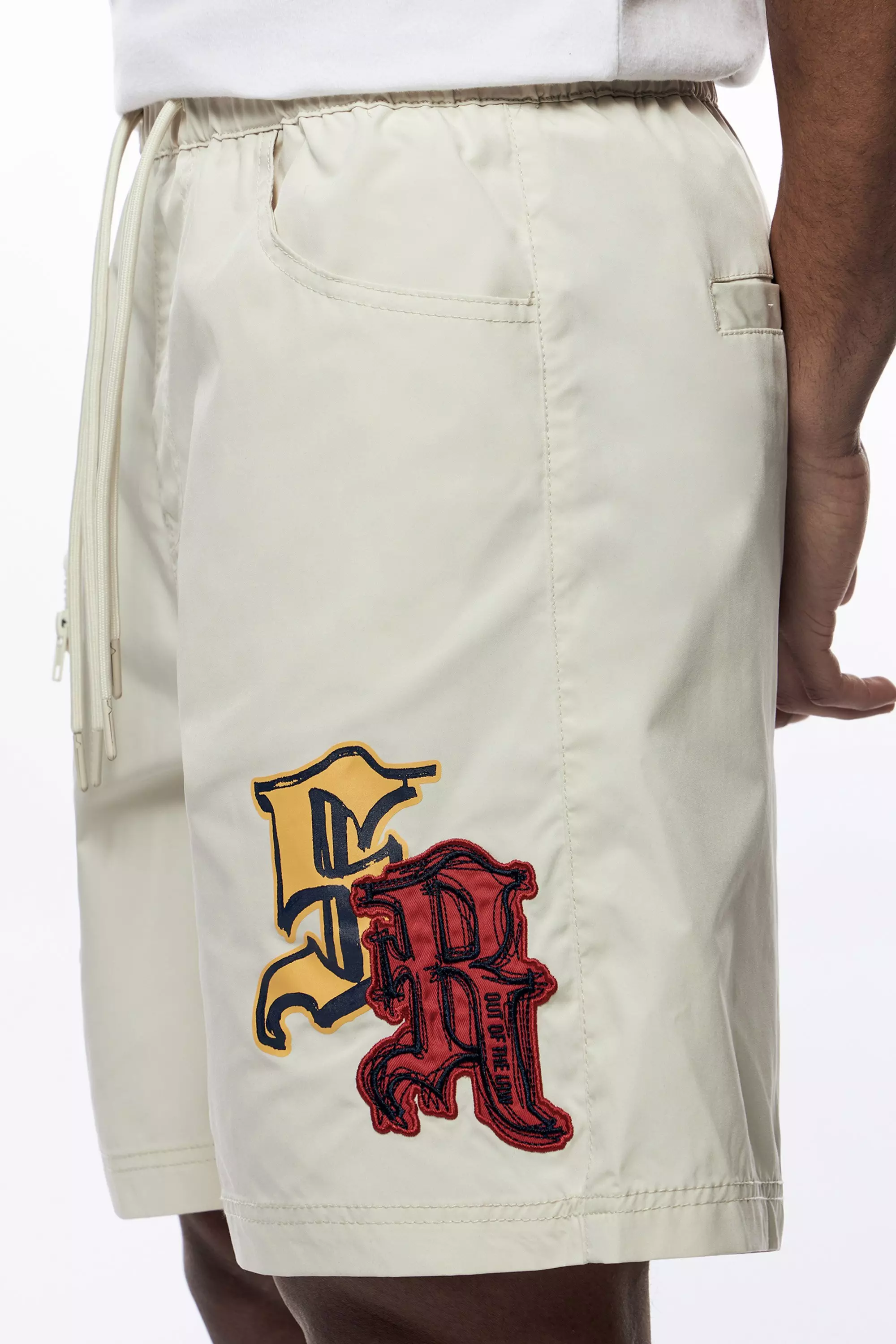 Smoke Rise Men's Varsity Doodle Printed Nylon Cargo Shorts - CREAM