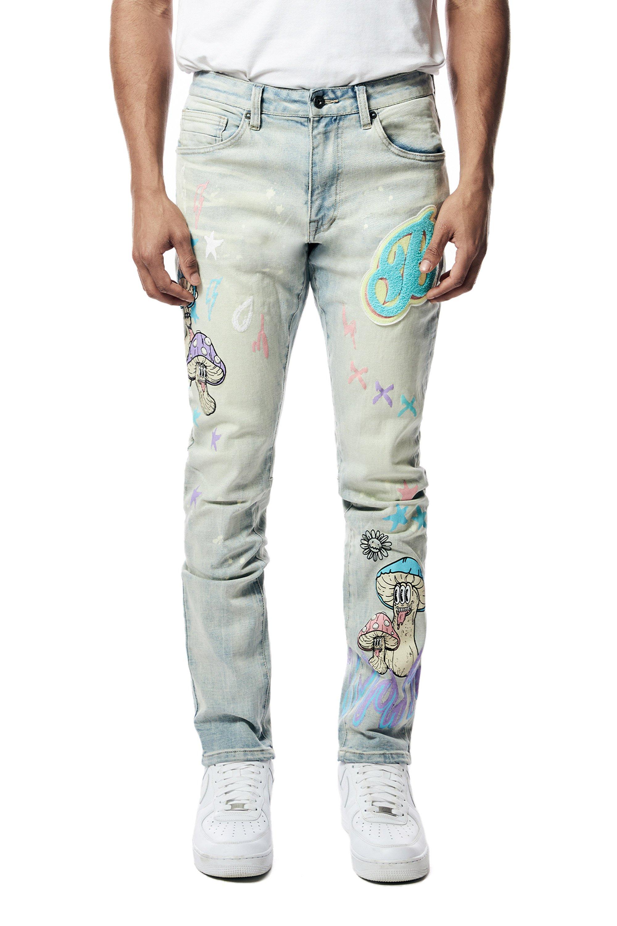 Smoke Rise Men's Slim Fit Light Wash Chenille Patch Doodle Denim Jeans - BLUE Thumbnail View 1