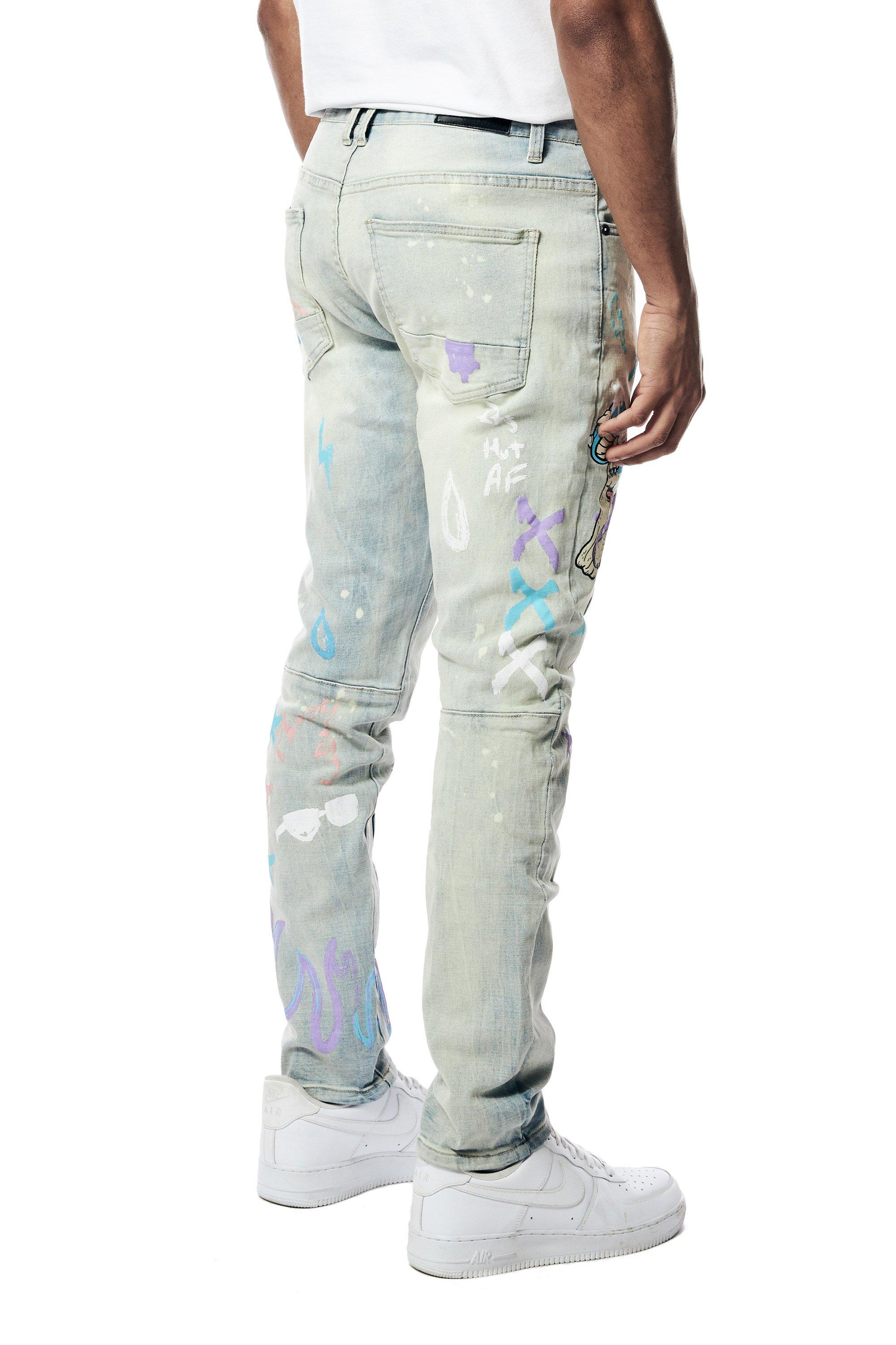 Smoke Rise Men's Slim Fit Light Wash Chenille Patch Doodle Denim Jeans - BLUE Thumbnail View 2