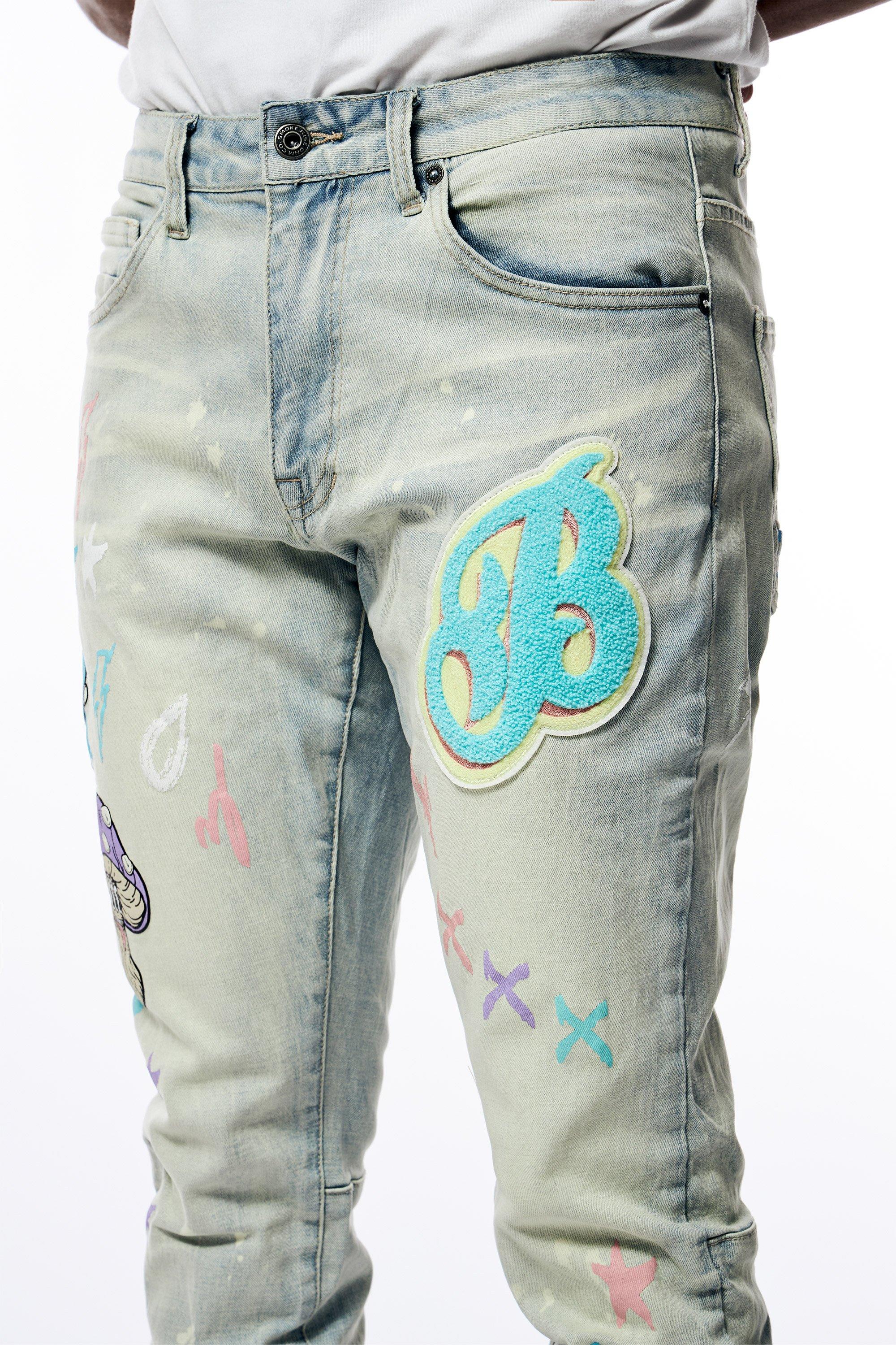 Smoke Rise Men's Slim Fit Light Wash Chenille Patch Doodle Denim Jeans - BLUE Thumbnail View 4
