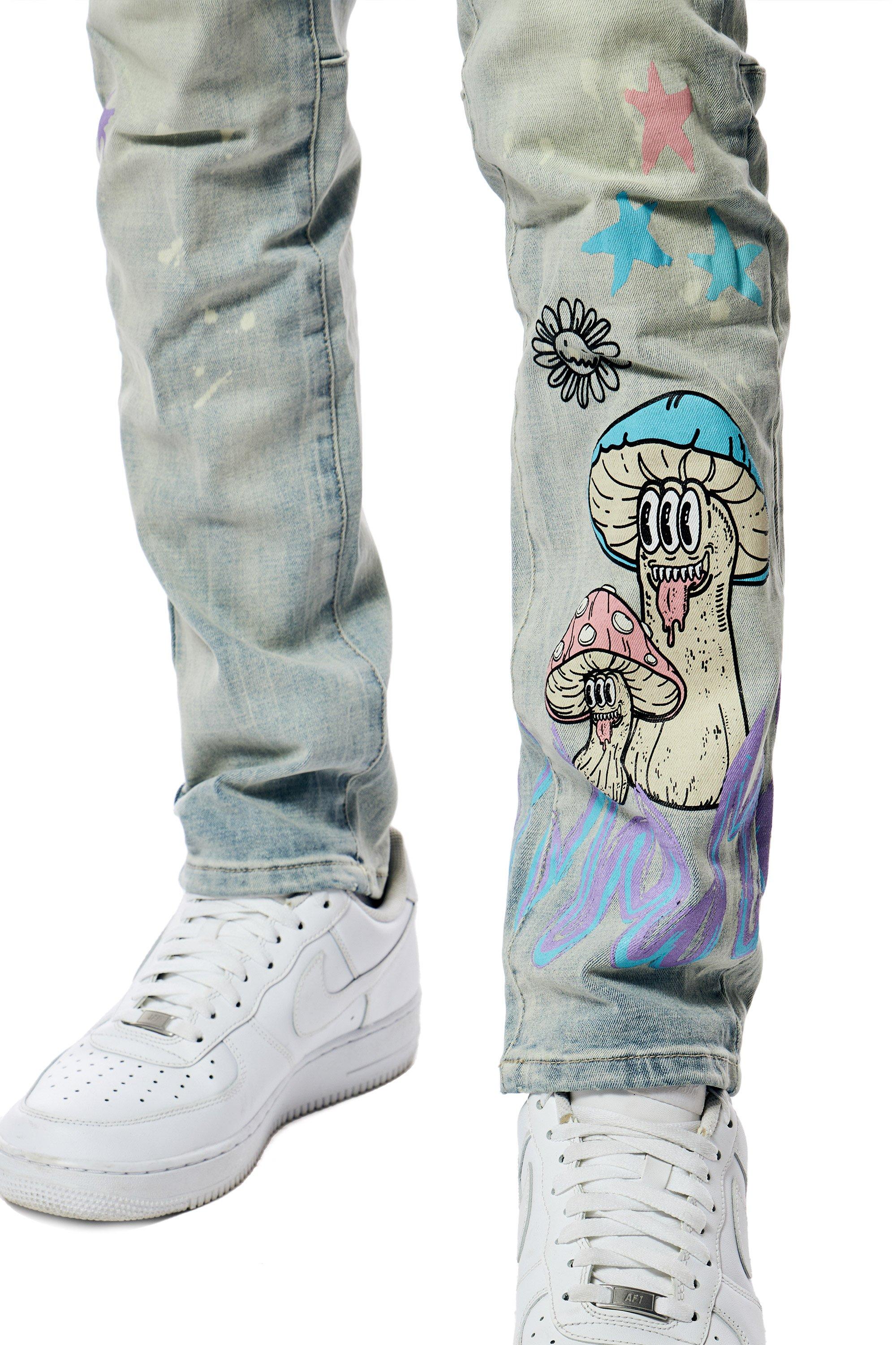 Smoke Rise Men's Slim Fit Light Wash Chenille Patch Doodle Denim Jeans - BLUE Thumbnail View 5