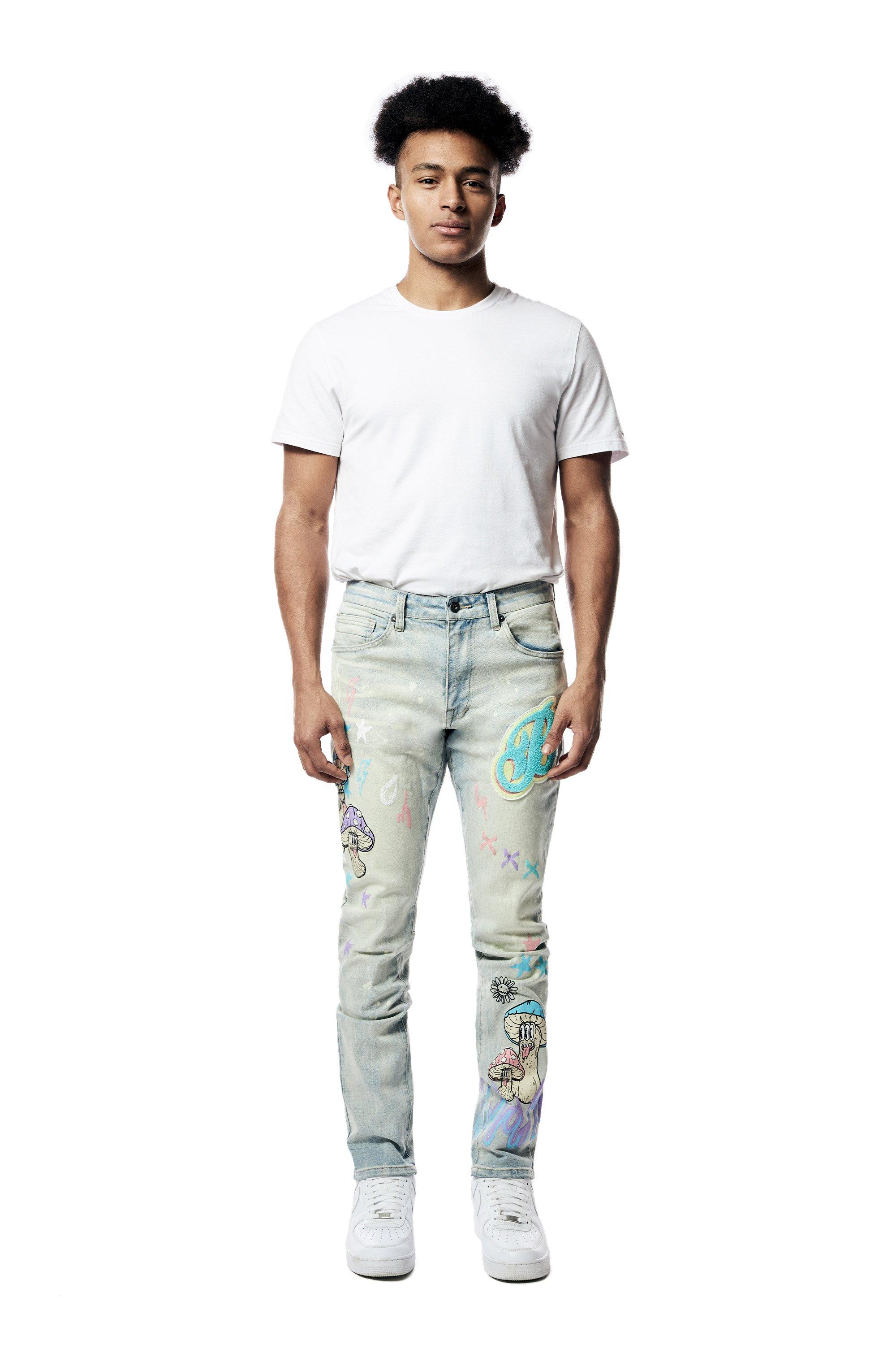 Smoke Rise Men's Slim Fit Light Wash Chenille Patch Doodle Denim Jeans - BLUE Thumbnail View 6