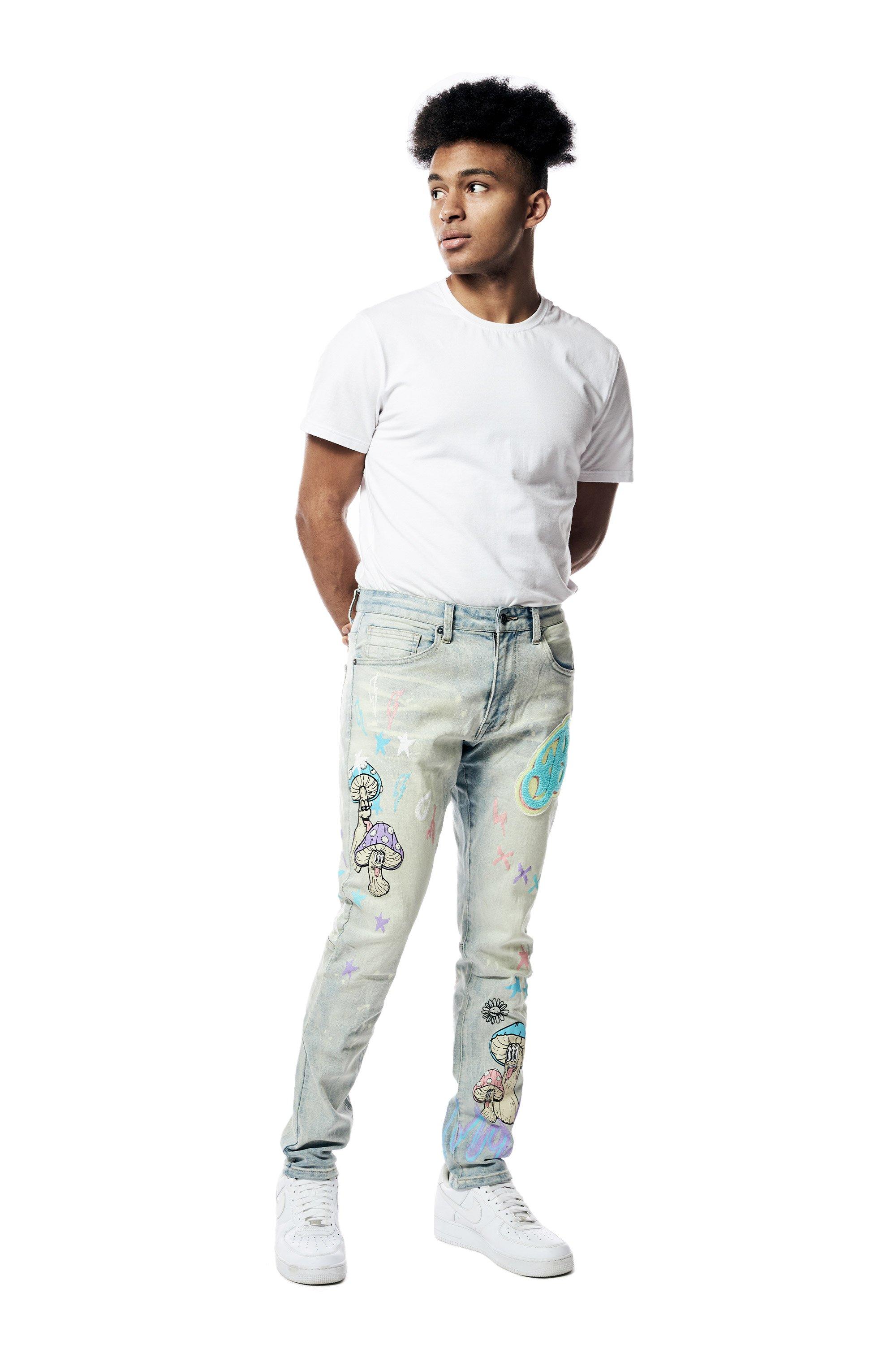 Smoke Rise Men's Slim Fit Light Wash Chenille Patch Doodle Denim Jeans - BLUE Thumbnail View 7