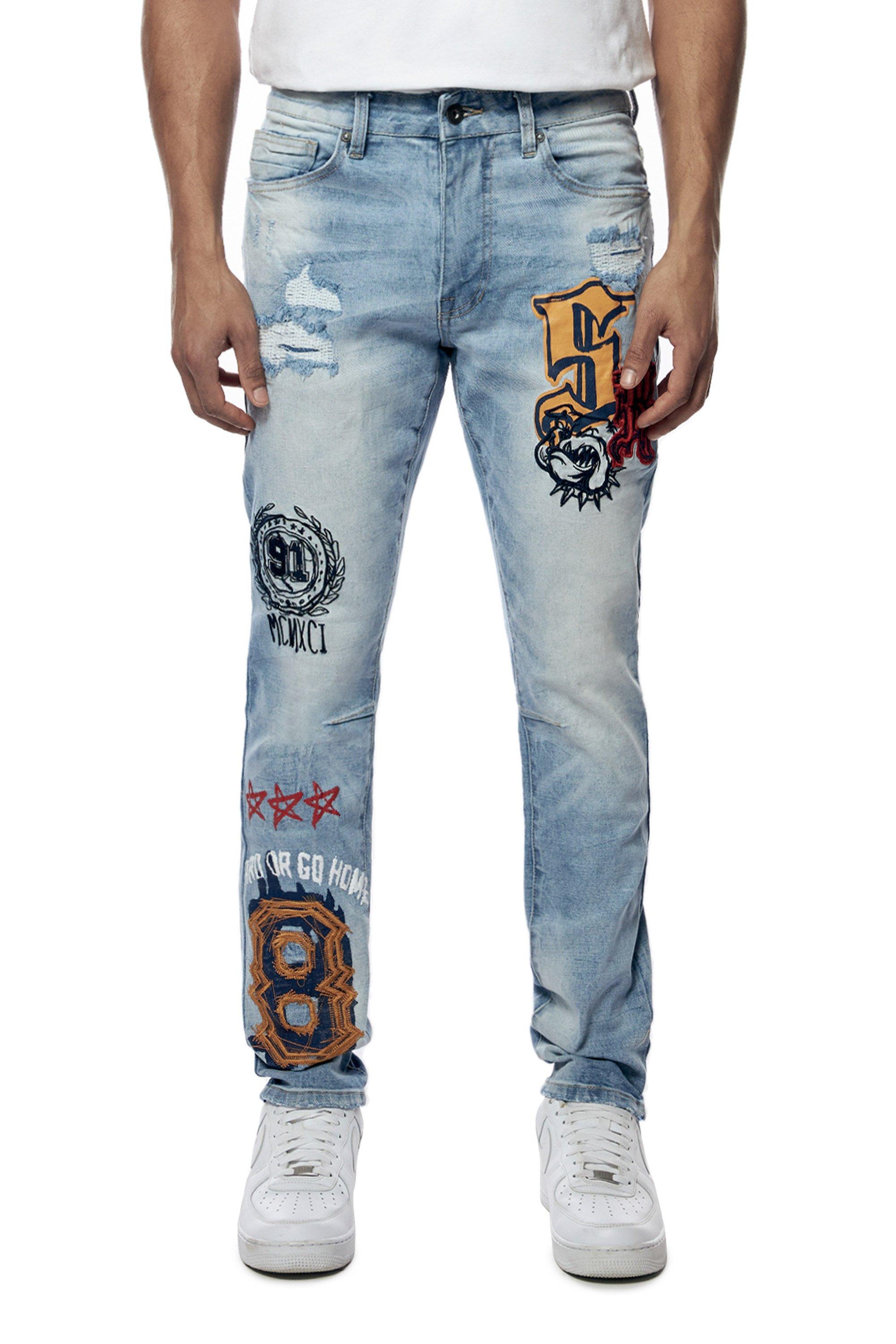 Smoke Rise Men's Varsity Doodle Printed Denim Jeans - BLUE Thumbnail View 1