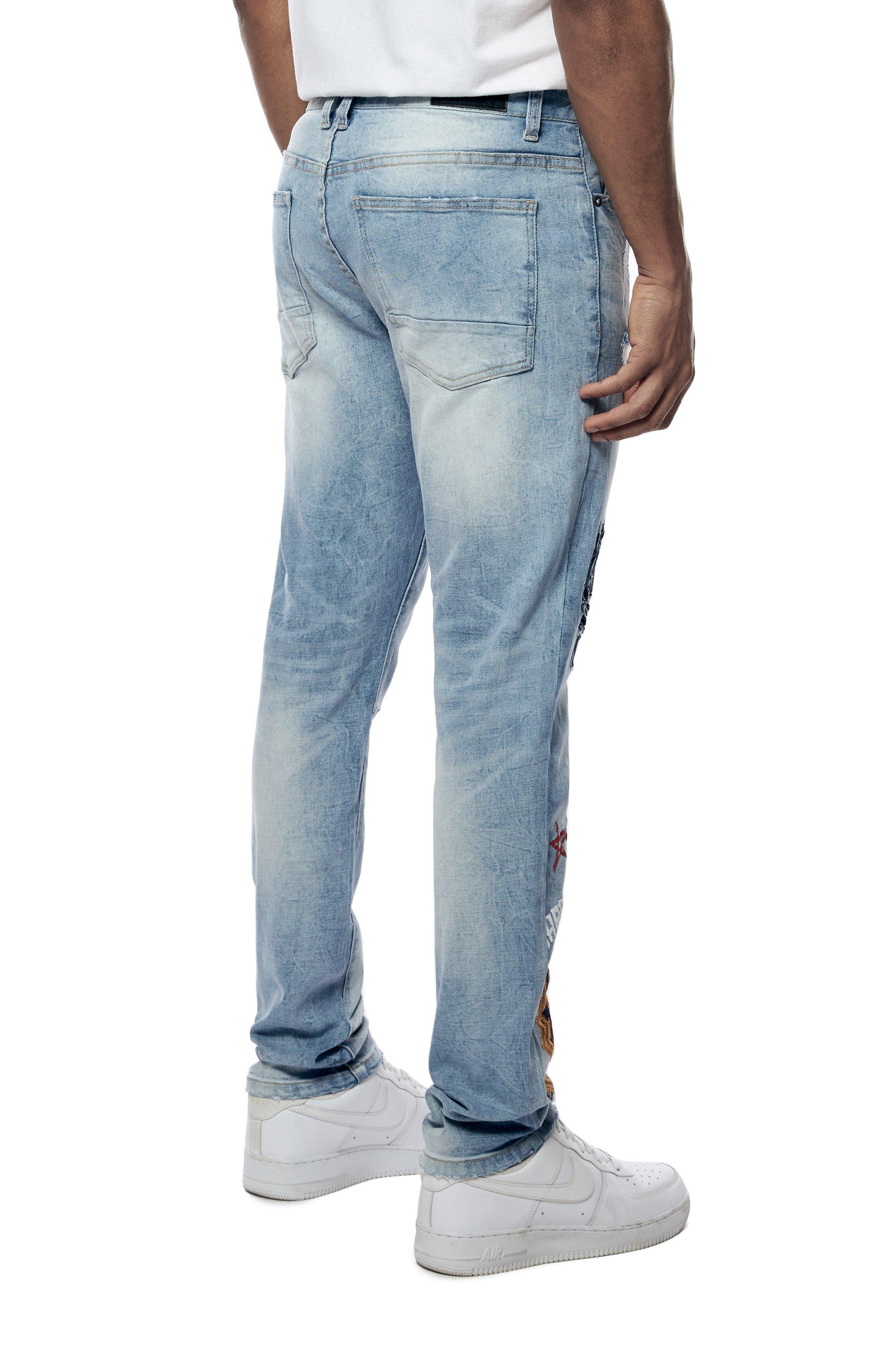 Smoke Rise Men's Varsity Doodle Printed Denim Jeans - BLUE Thumbnail View 2