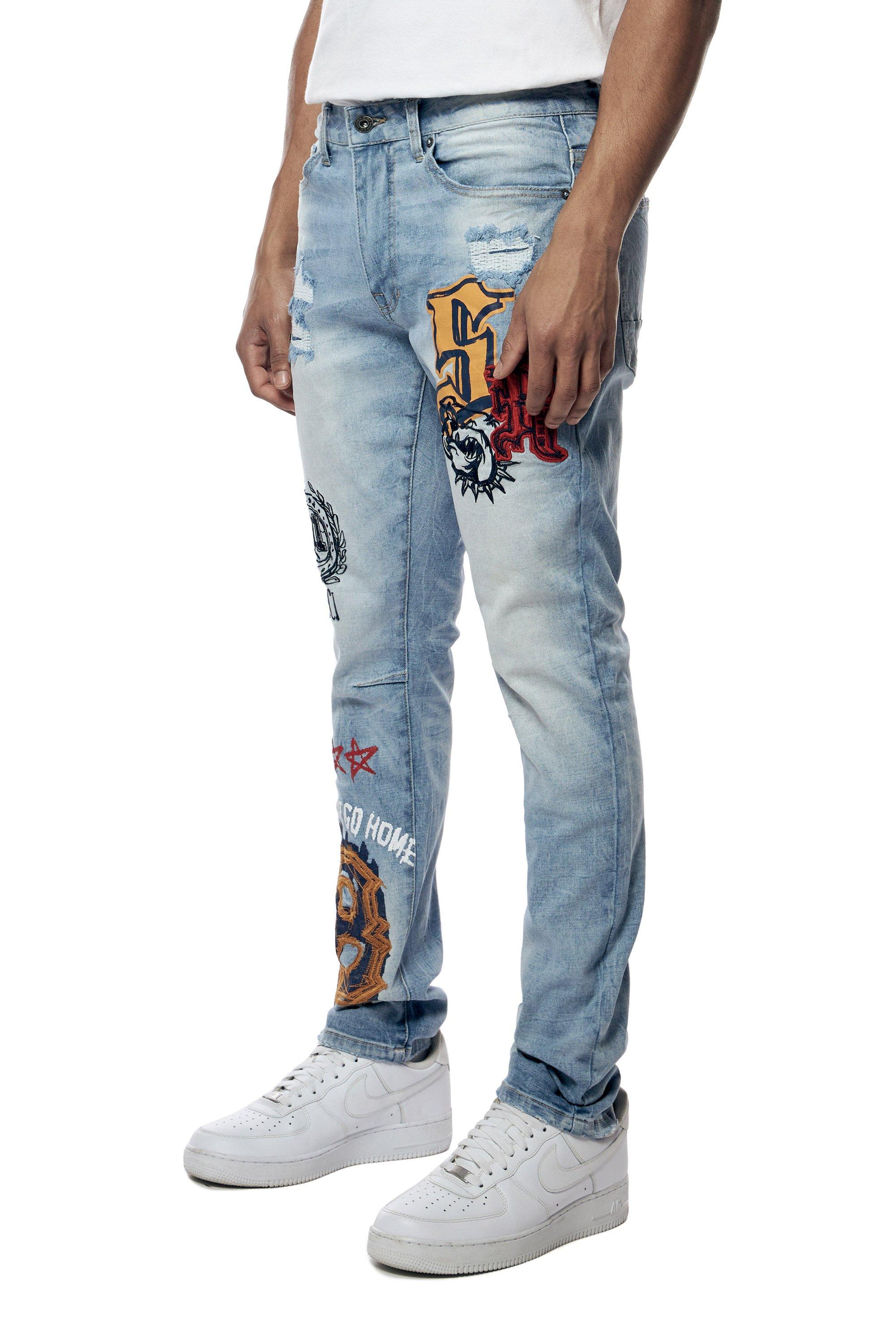 Smoke Rise Men's Varsity Doodle Printed Denim Jeans - BLUE Thumbnail View 3