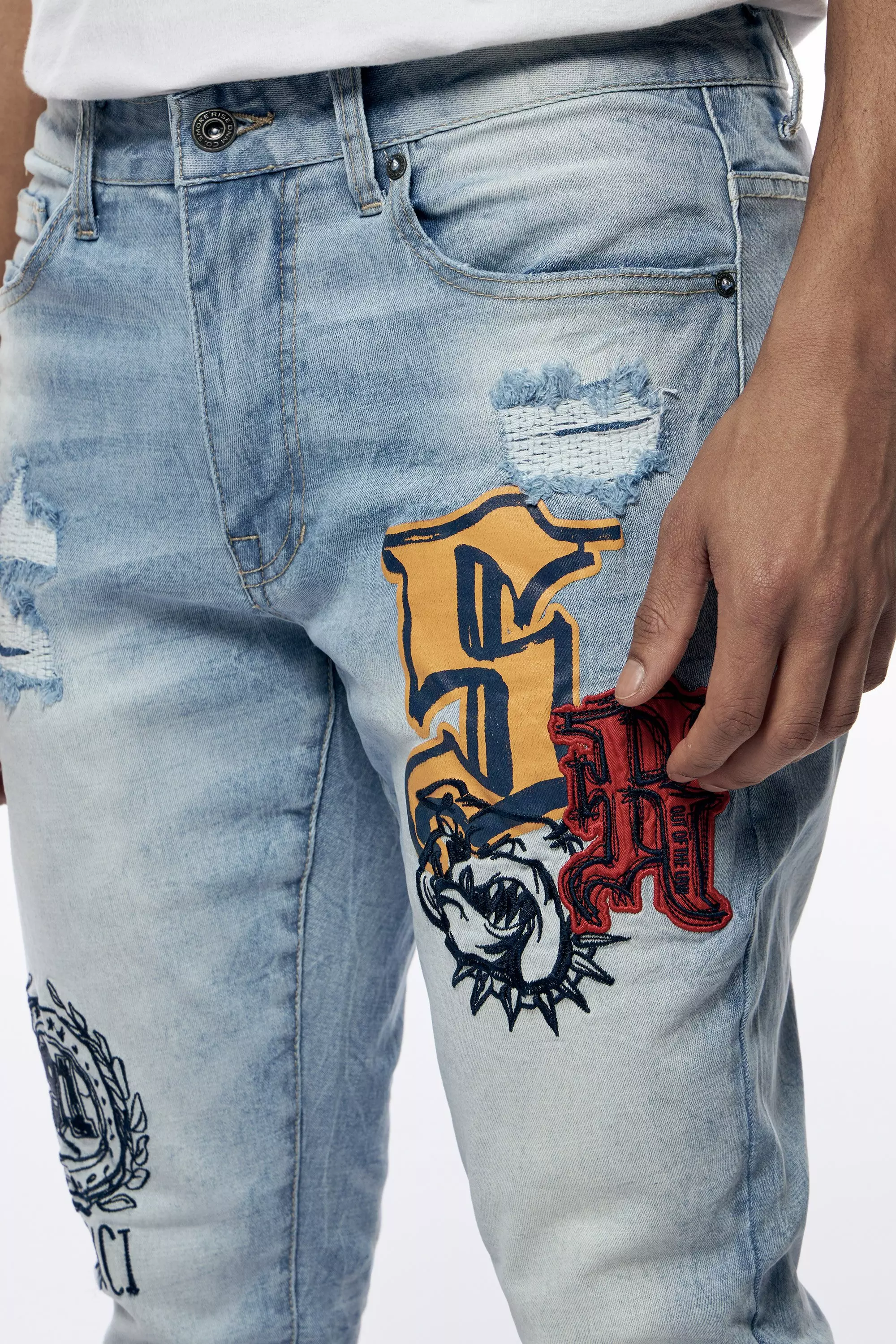 Smoke Rise Men's Varsity Doodle Printed Denim Jeans - BLUE