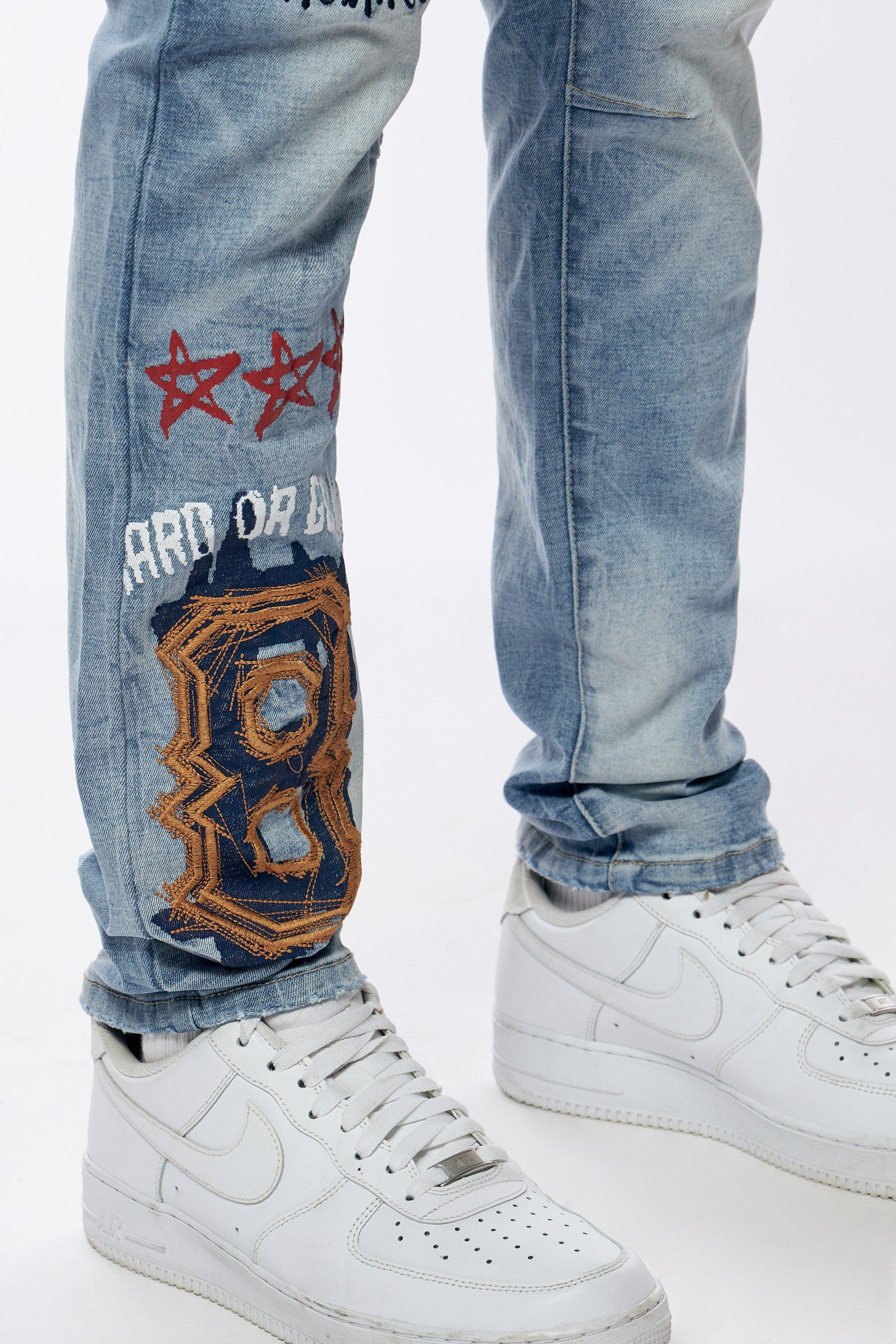 Smoke Rise Men's Varsity Doodle Printed Denim Jeans - BLUE Thumbnail View 5