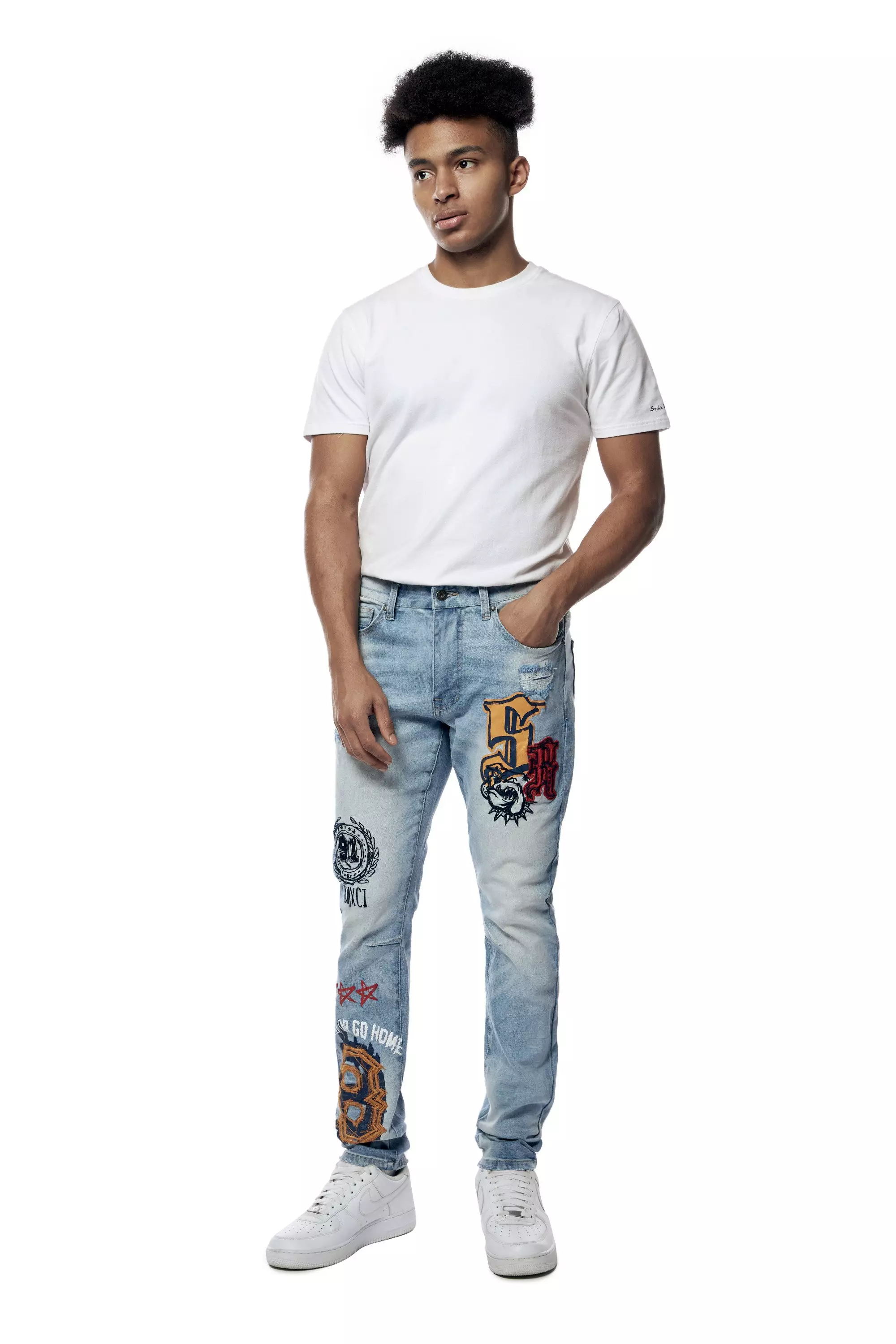 Smoke Rise Men's Varsity Doodle Printed Denim Jeans - BLUE