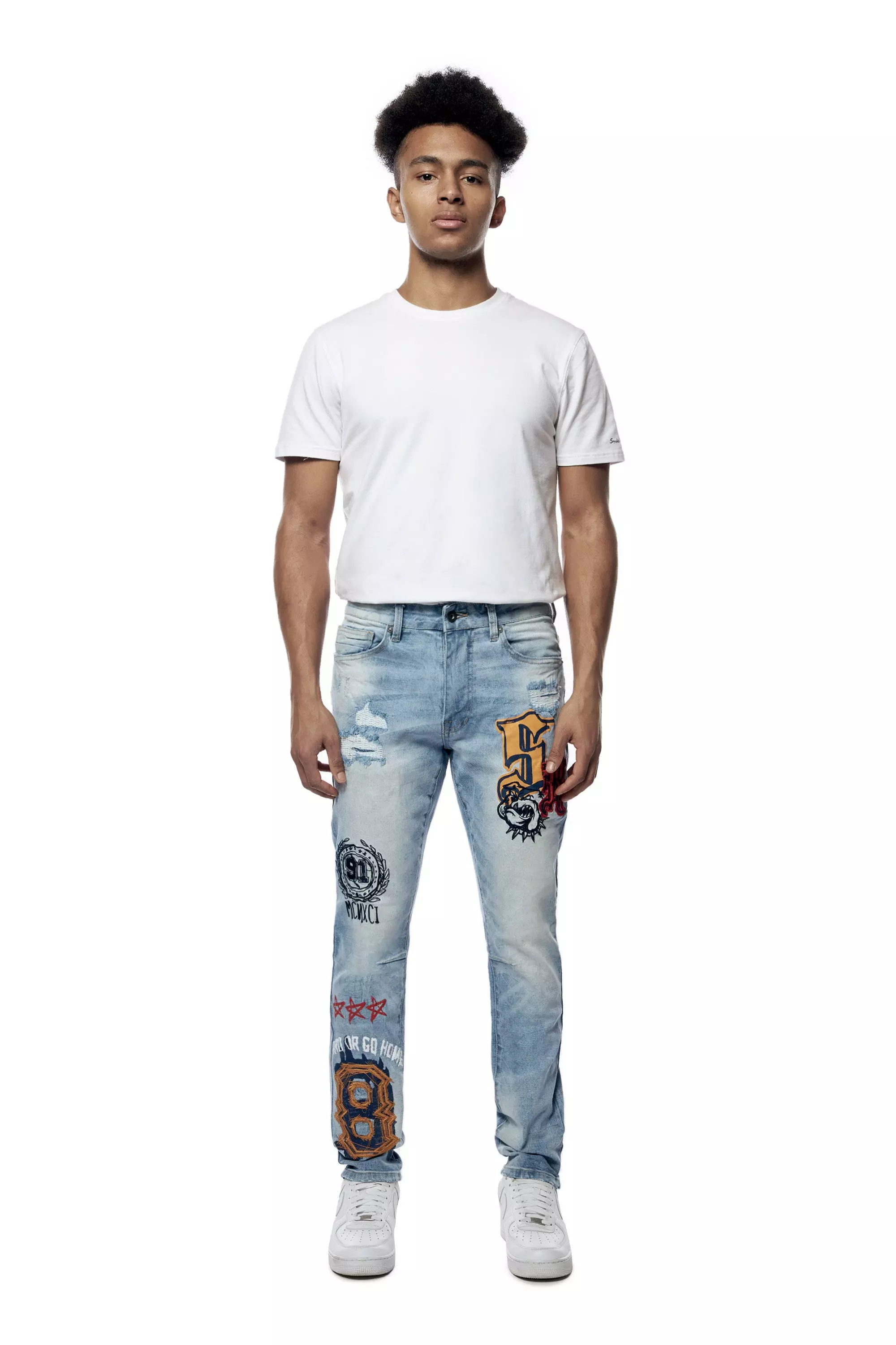Smoke Rise Men's Varsity Doodle Printed Denim Jeans - BLUE
