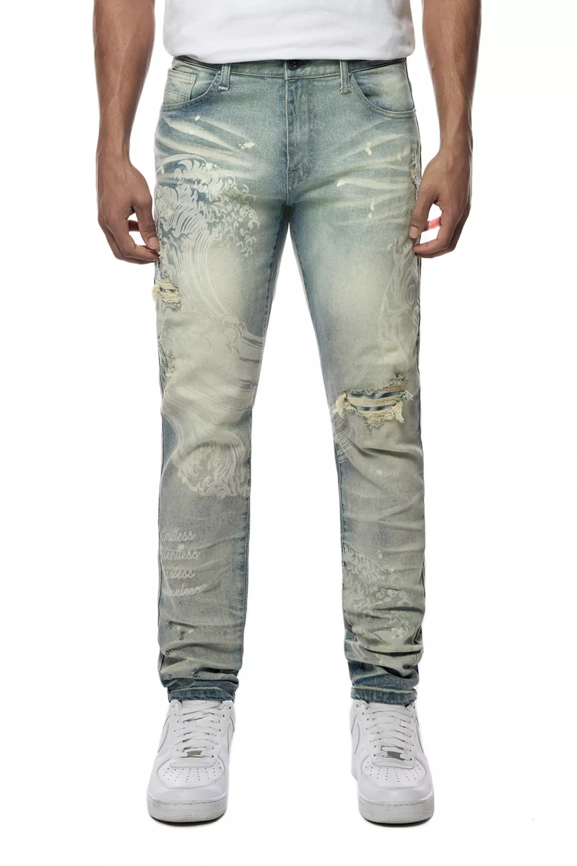 Smoke Rise Men's Embossed Patch Laser Slim Fit Jeans - Van Blue - BLUE