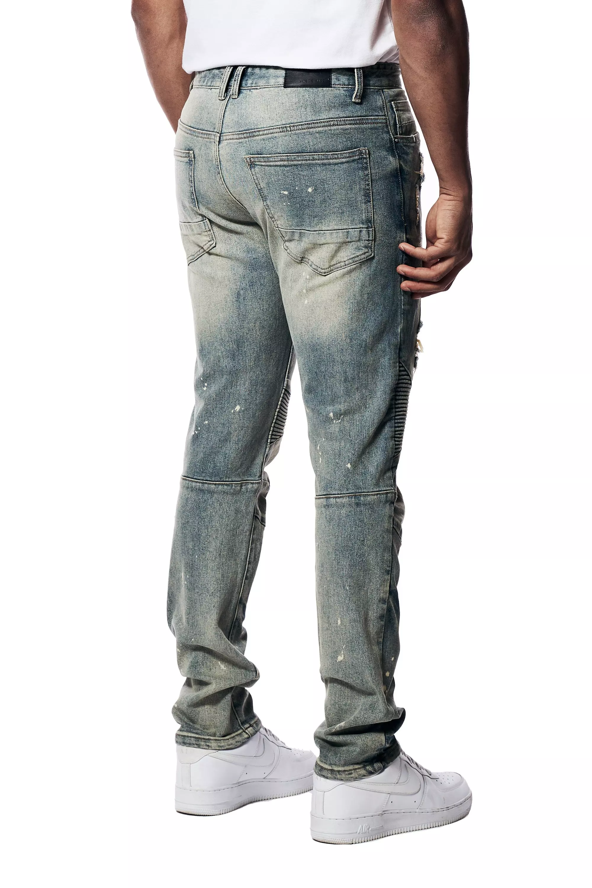 Smoke Rise Men's Rip & Repair Engineered Slim Fit Medium Wash Jeans - BLUE