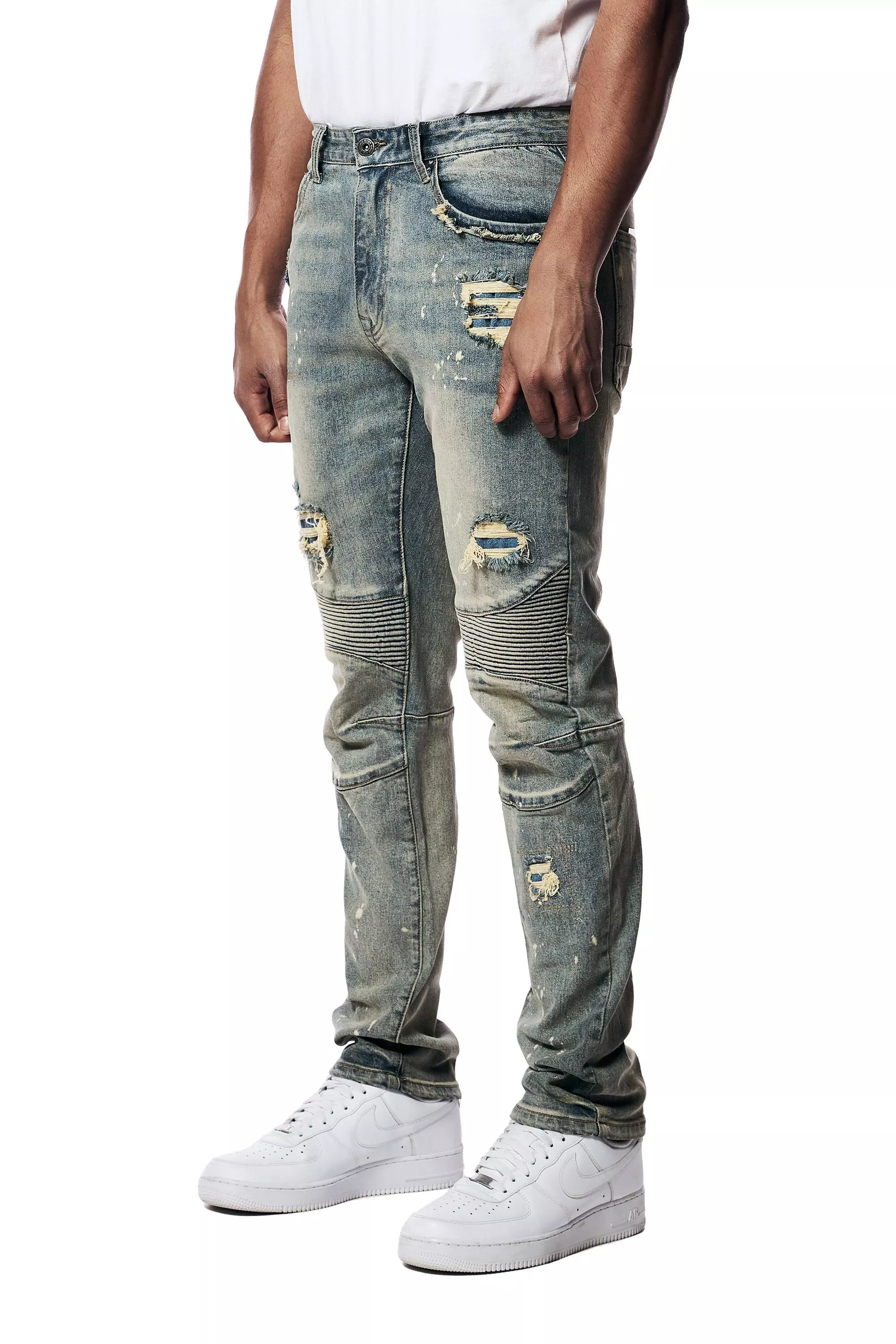 Smoke Rise Men's Rip & Repair Engineered Slim Fit Medium Wash Jeans - BLUE