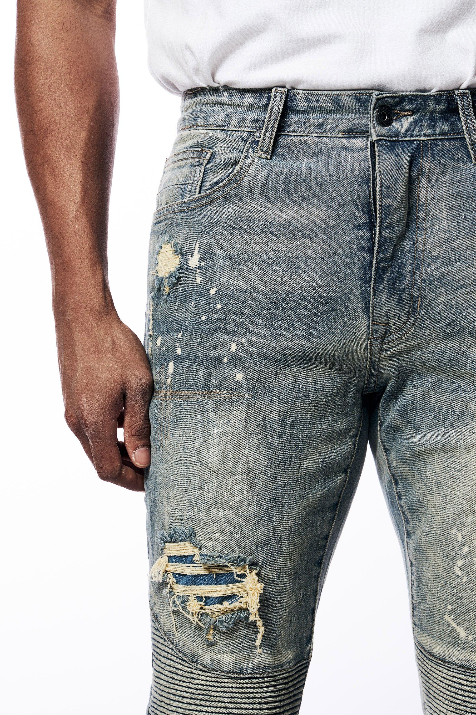 Smoke Rise Men's Rip & Repair Engineered Slim Fit Medium Wash Jeans - BLUE Thumbnail View 4