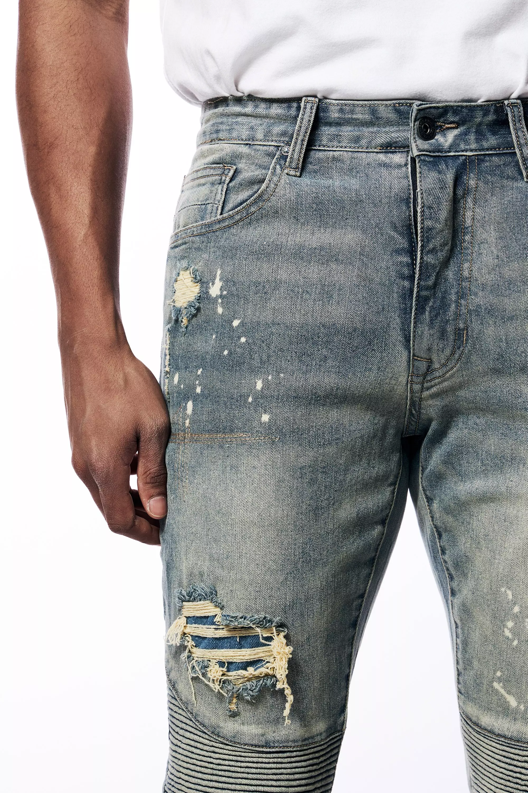 Smoke Rise Men's Rip & Repair Engineered Slim Fit Medium Wash Jeans - BLUE