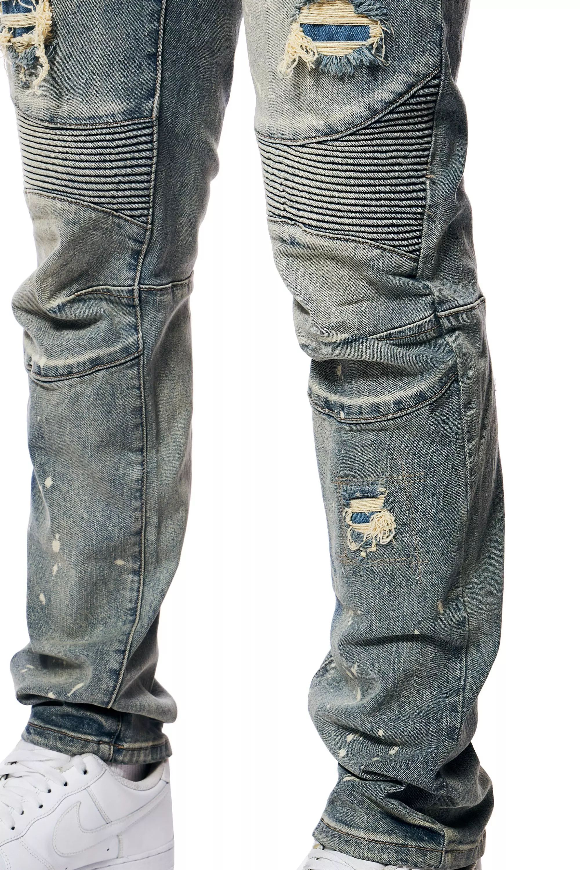 Smoke Rise Men's Rip & Repair Engineered Slim Fit Medium Wash Jeans - BLUE