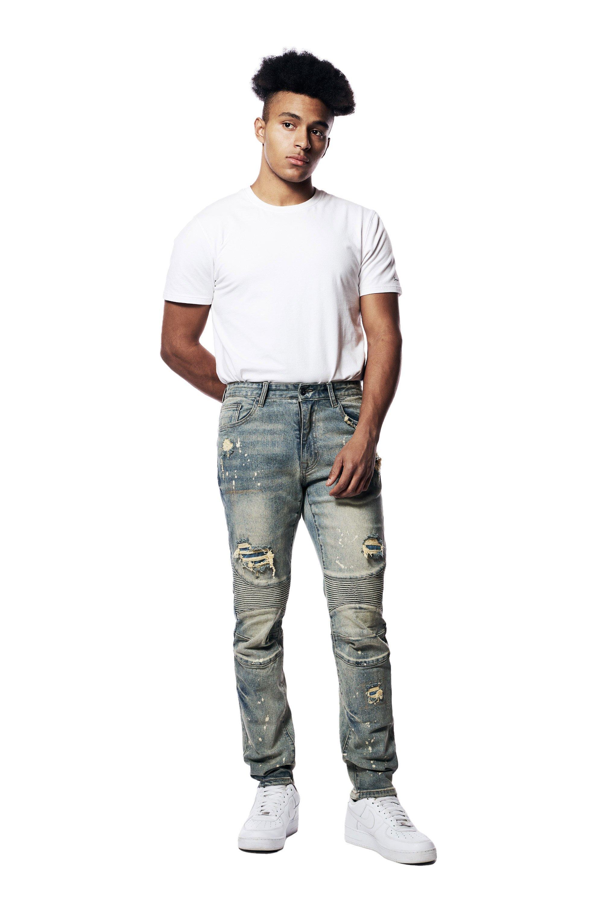 Smoke Rise Men's Rip & Repair Engineered Slim Fit Medium Wash Jeans - BLUE Thumbnail View 6