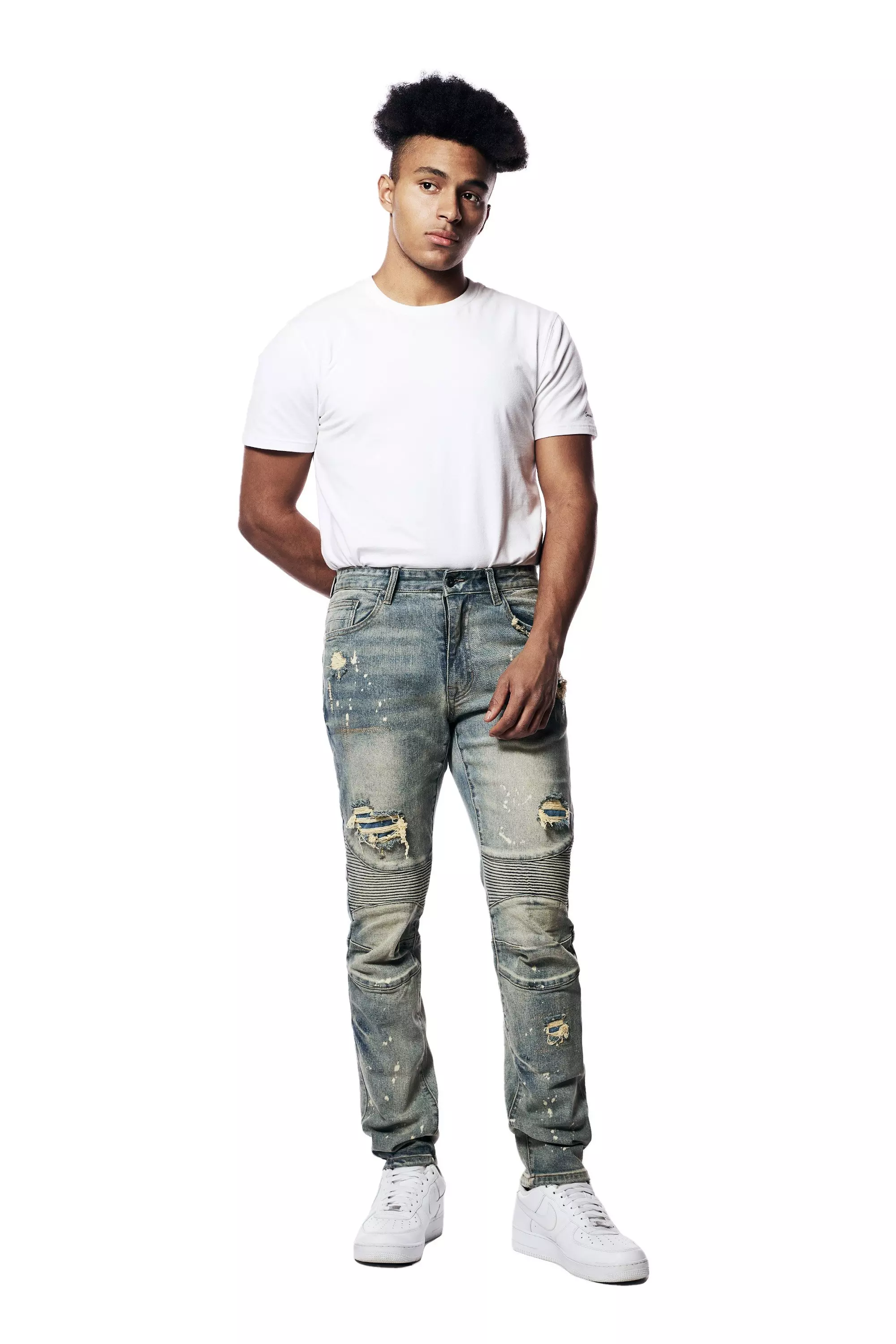 Smoke Rise Men's Rip & Repair Engineered Slim Fit Medium Wash Jeans - BLUE