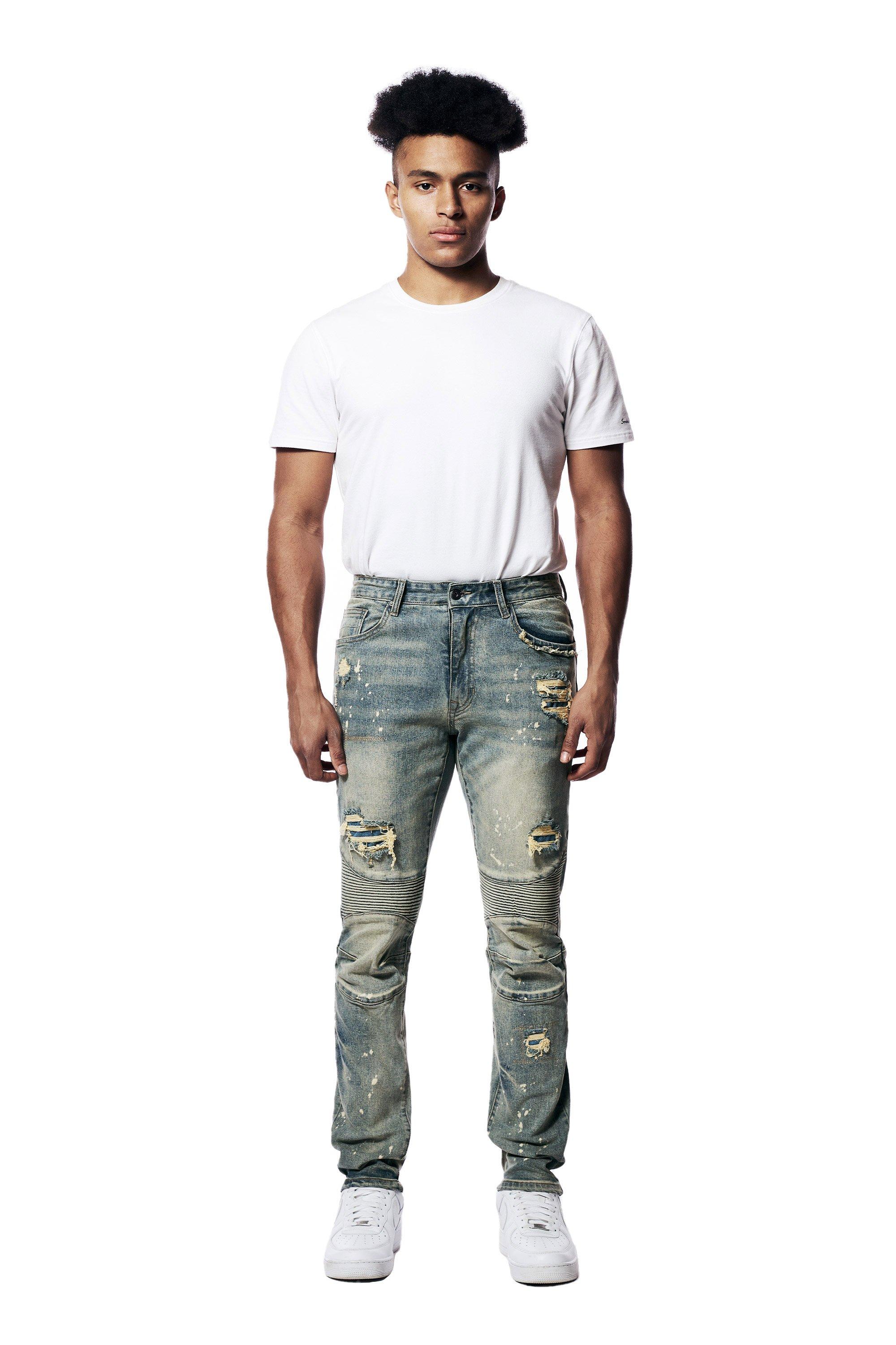 Smoke Rise Men's Rip & Repair Engineered Slim Fit Medium Wash Jeans - BLUE Thumbnail View 7