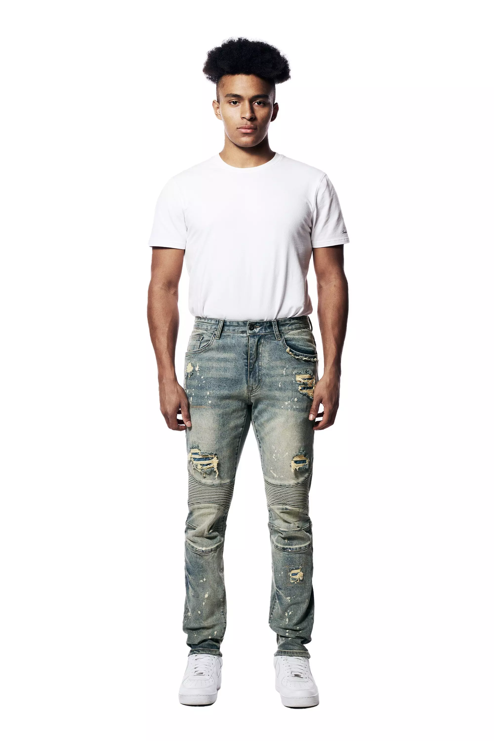 Smoke Rise Men's Rip & Repair Engineered Slim Fit Medium Wash Jeans - BLUE