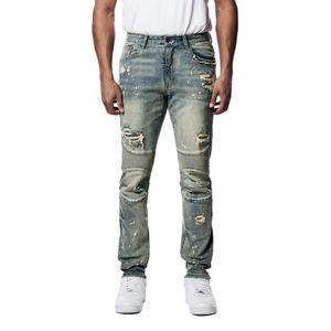 Smoke Rise Men's Rip & Repair Engineered Slim Fit Medium Wash Jeans