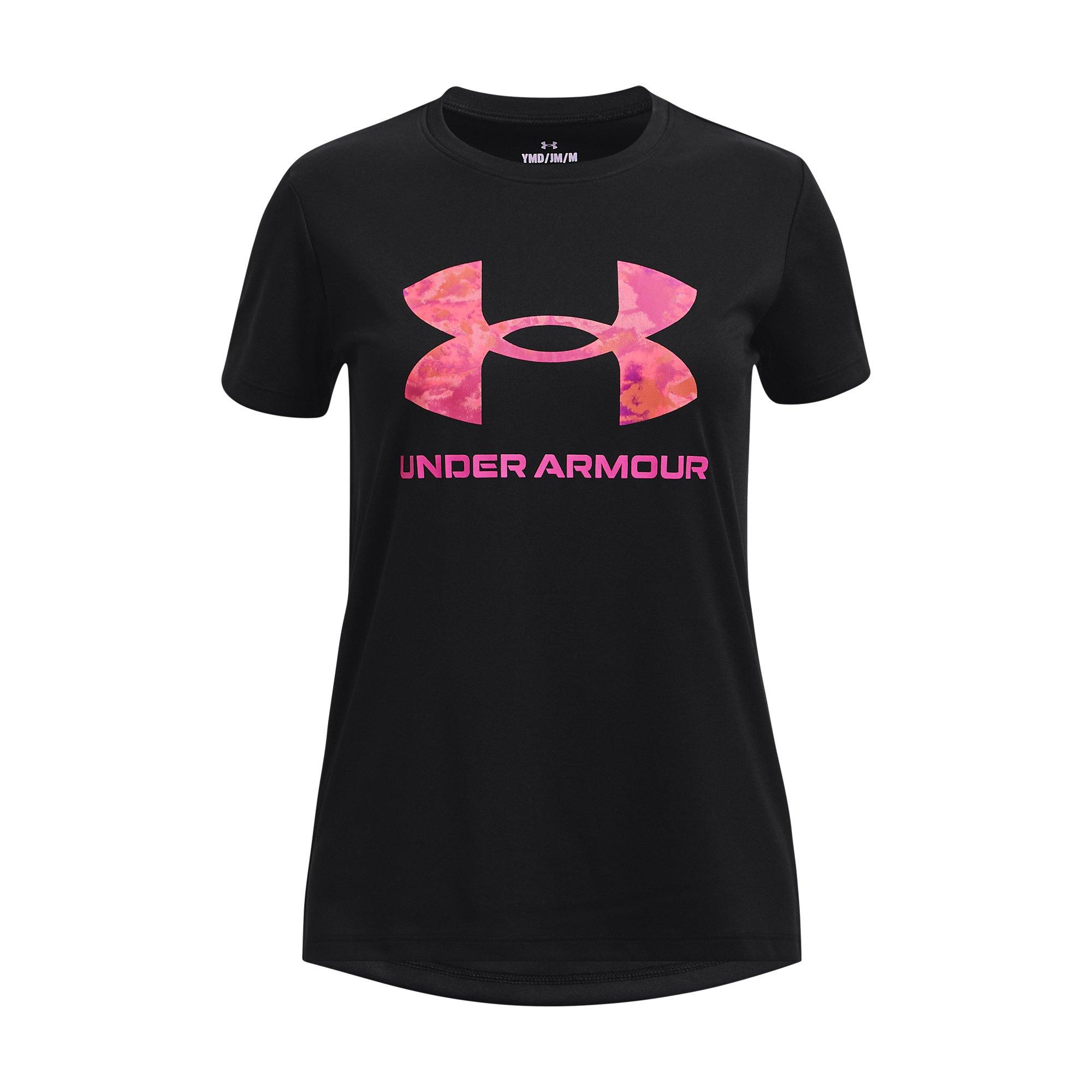 Under Armour Big Girls' Tech Print Big Logo Tee - BLACK/PINK Thumbnail View 1