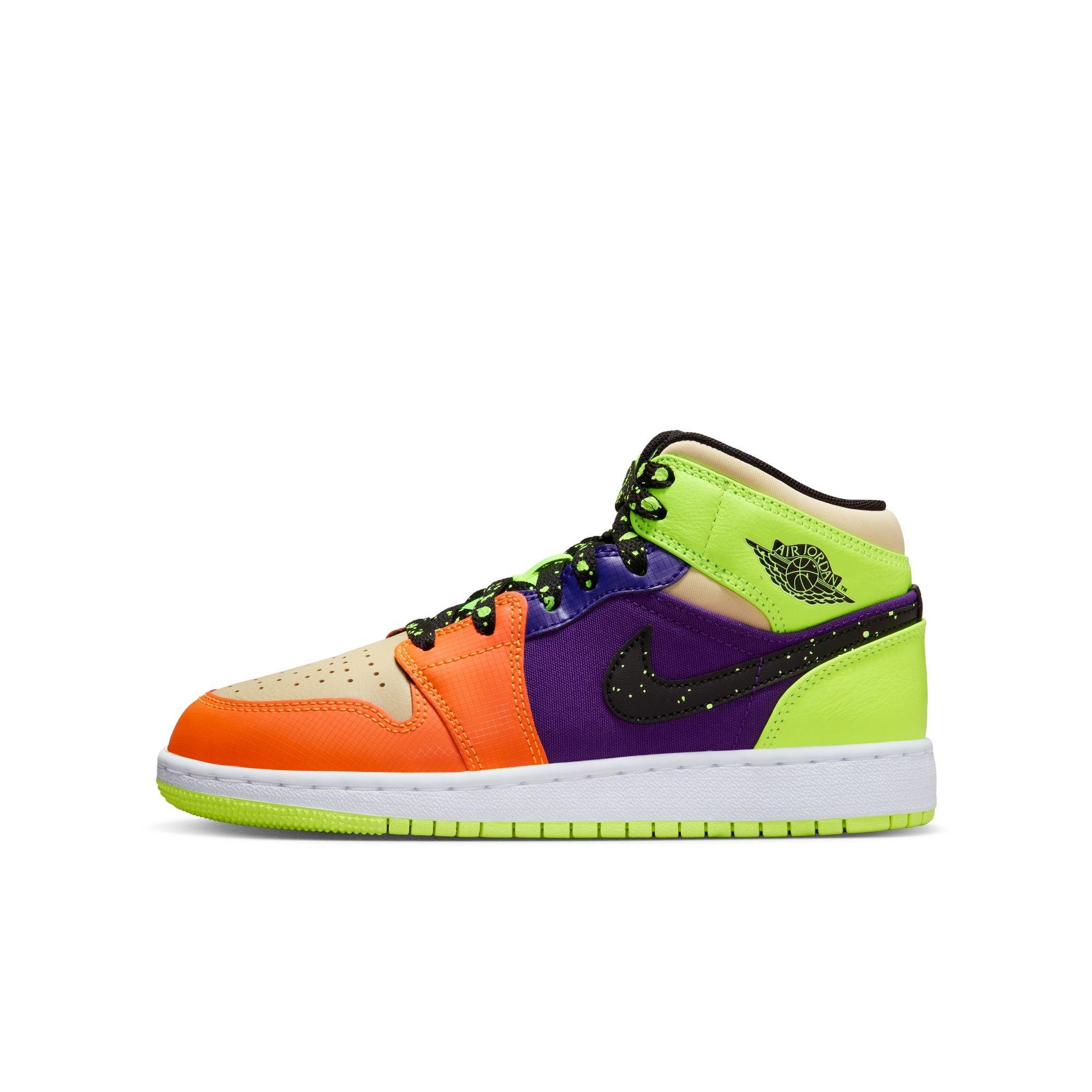 Jordan 1 Mid SE "Volt/Black/Vivid Orange" Grade School Kids' Shoe