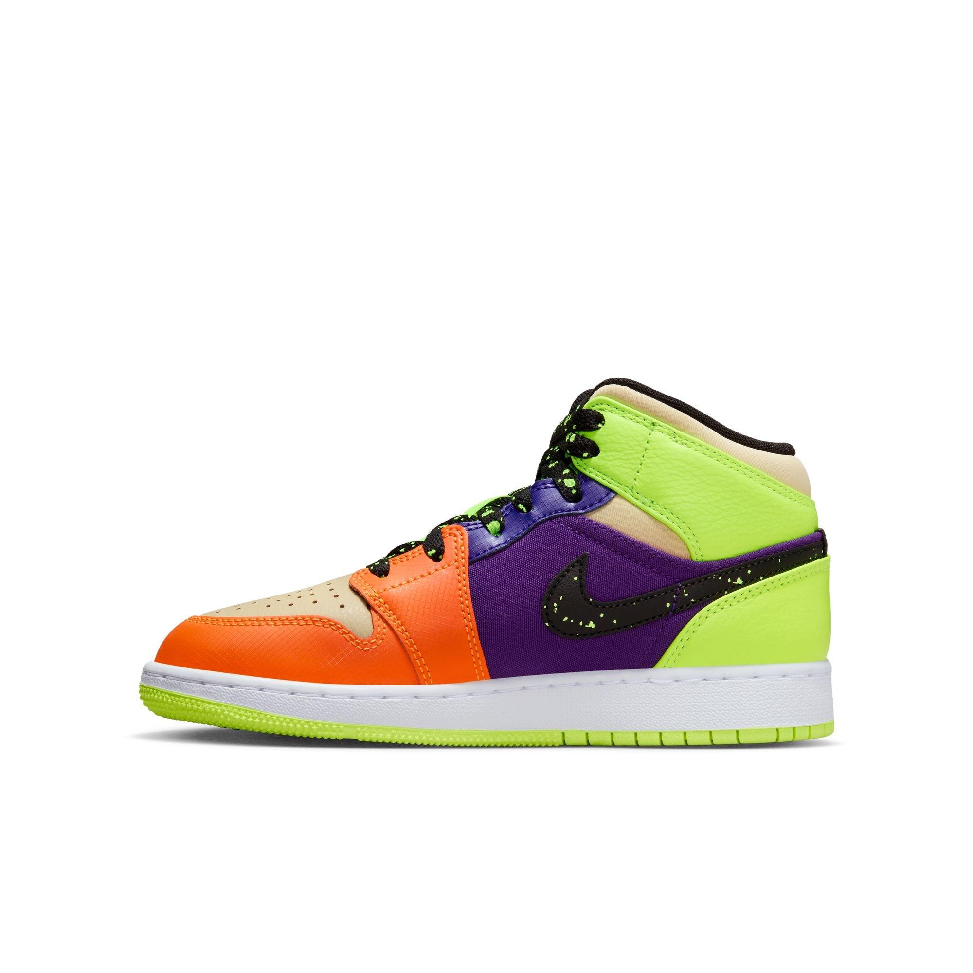 Jordan 1 Mid SE "Volt/Black/Vivid Orange" Grade School Kids' Shoe
