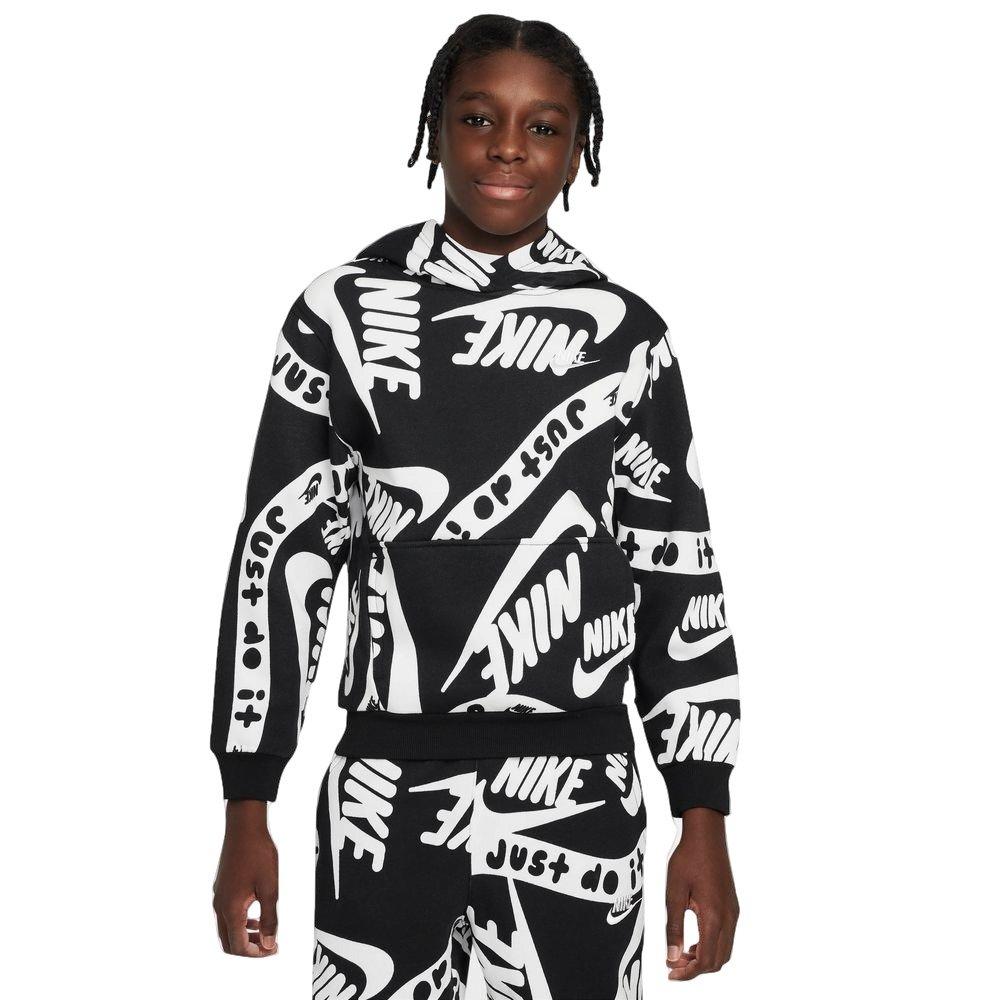 Nike Big Boys' Club Printed Hoodie - BLACK/WHITE Thumbnail View 1
