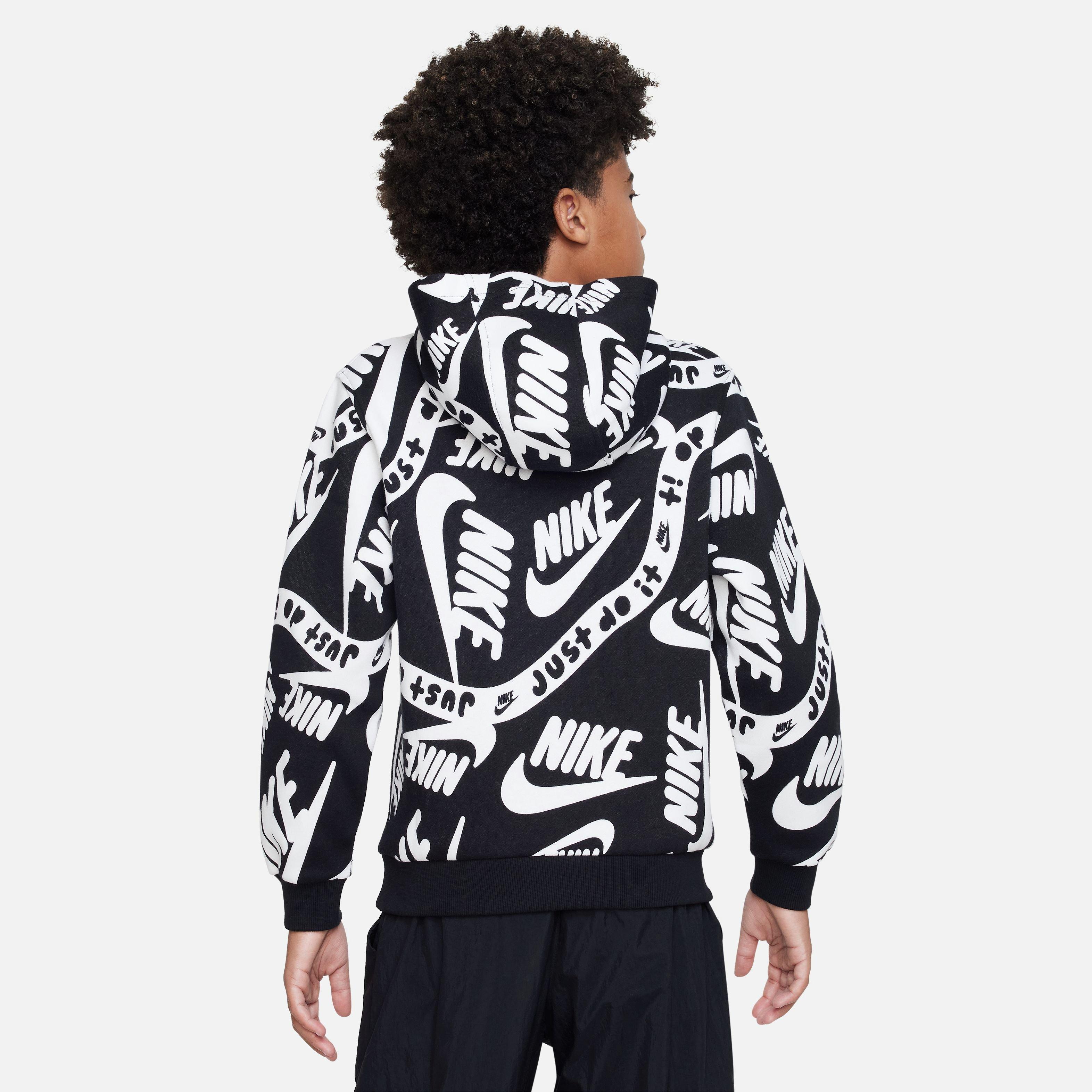 Nike Big Boys' Club Printed Hoodie - BLACK/WHITE Thumbnail View 5