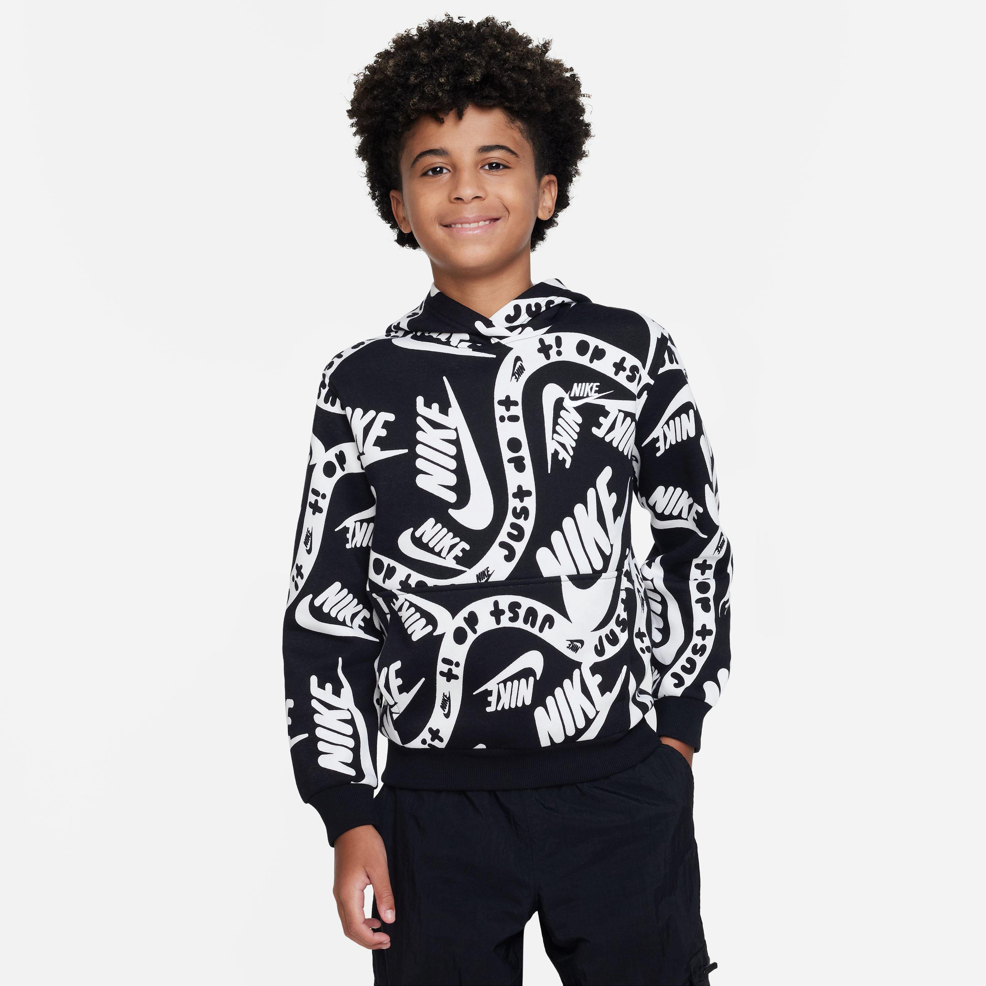 Nike Big Boys' Club Printed Hoodie - BLACK/WHITE Thumbnail View 4