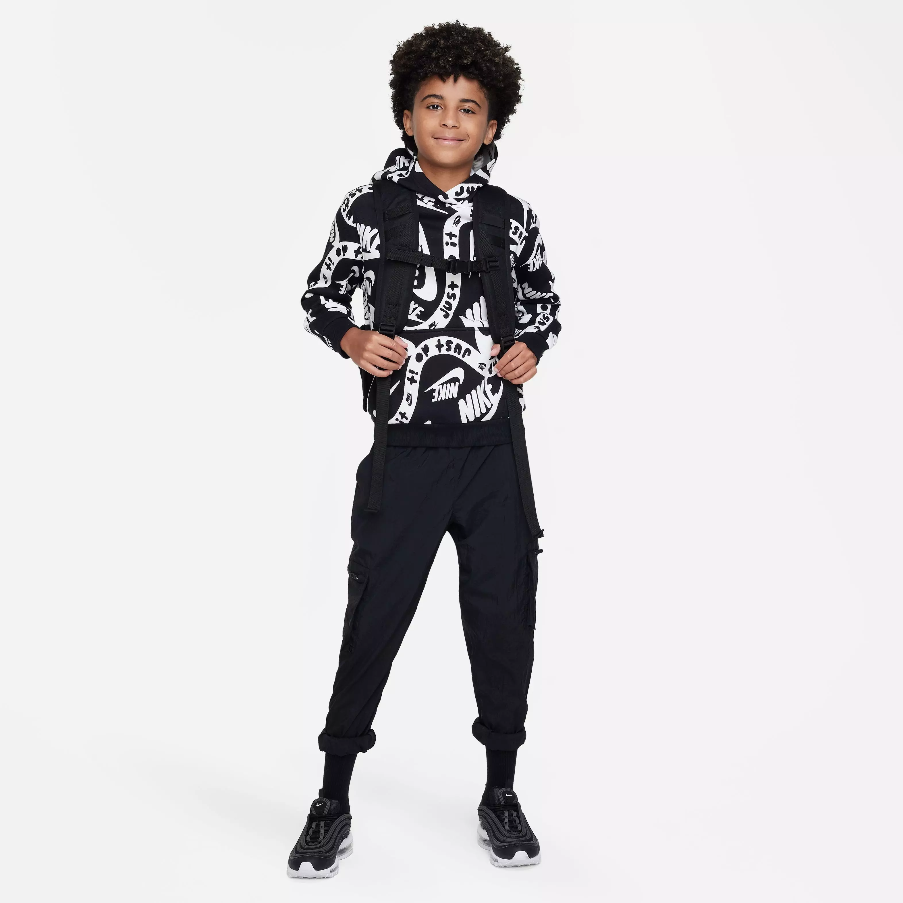 Nike Big Boys' Club Printed Hoodie - BLACK/WHITE