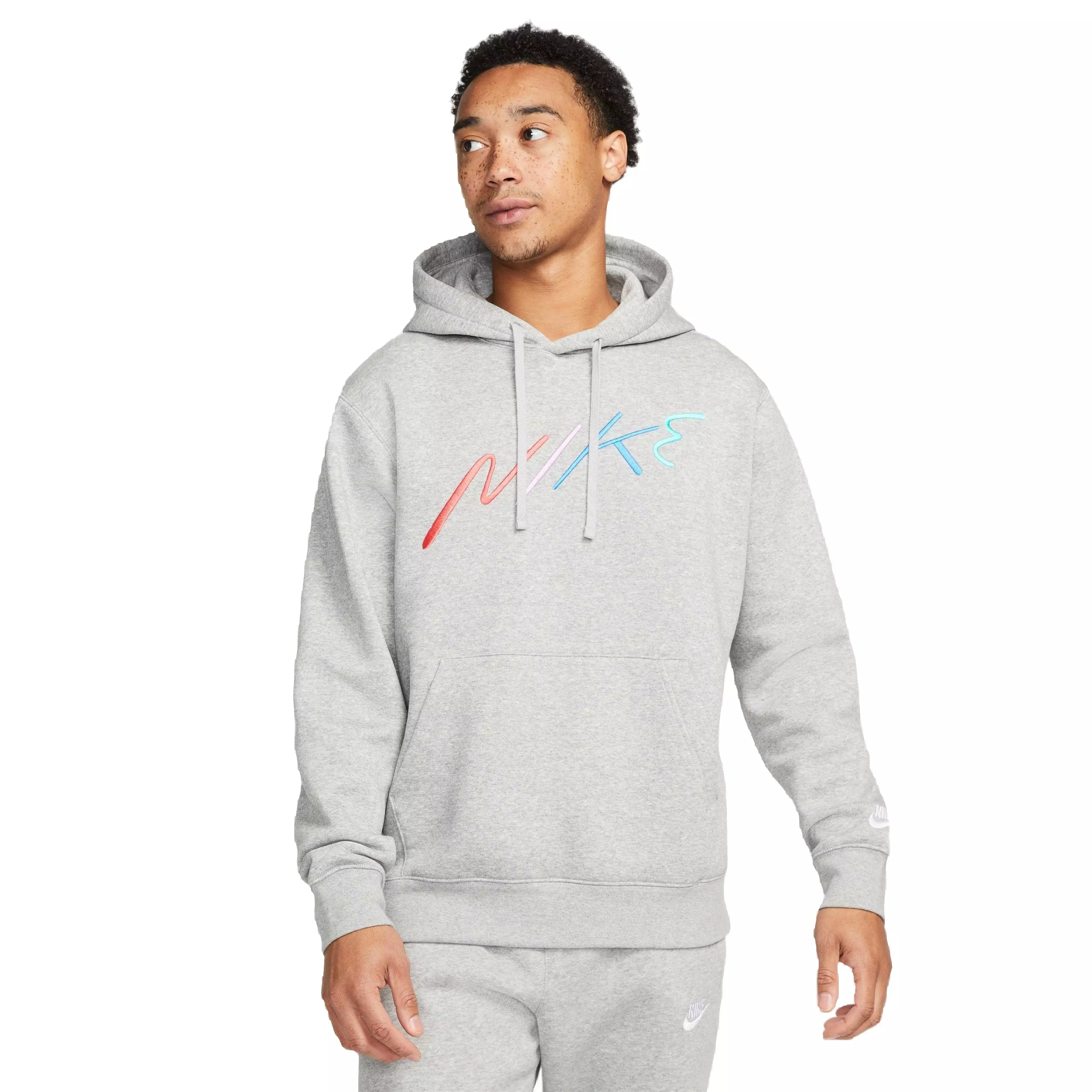 Nike Men's Club Fleece+ Brushed-Back Script Pullover Hoodie - GREY